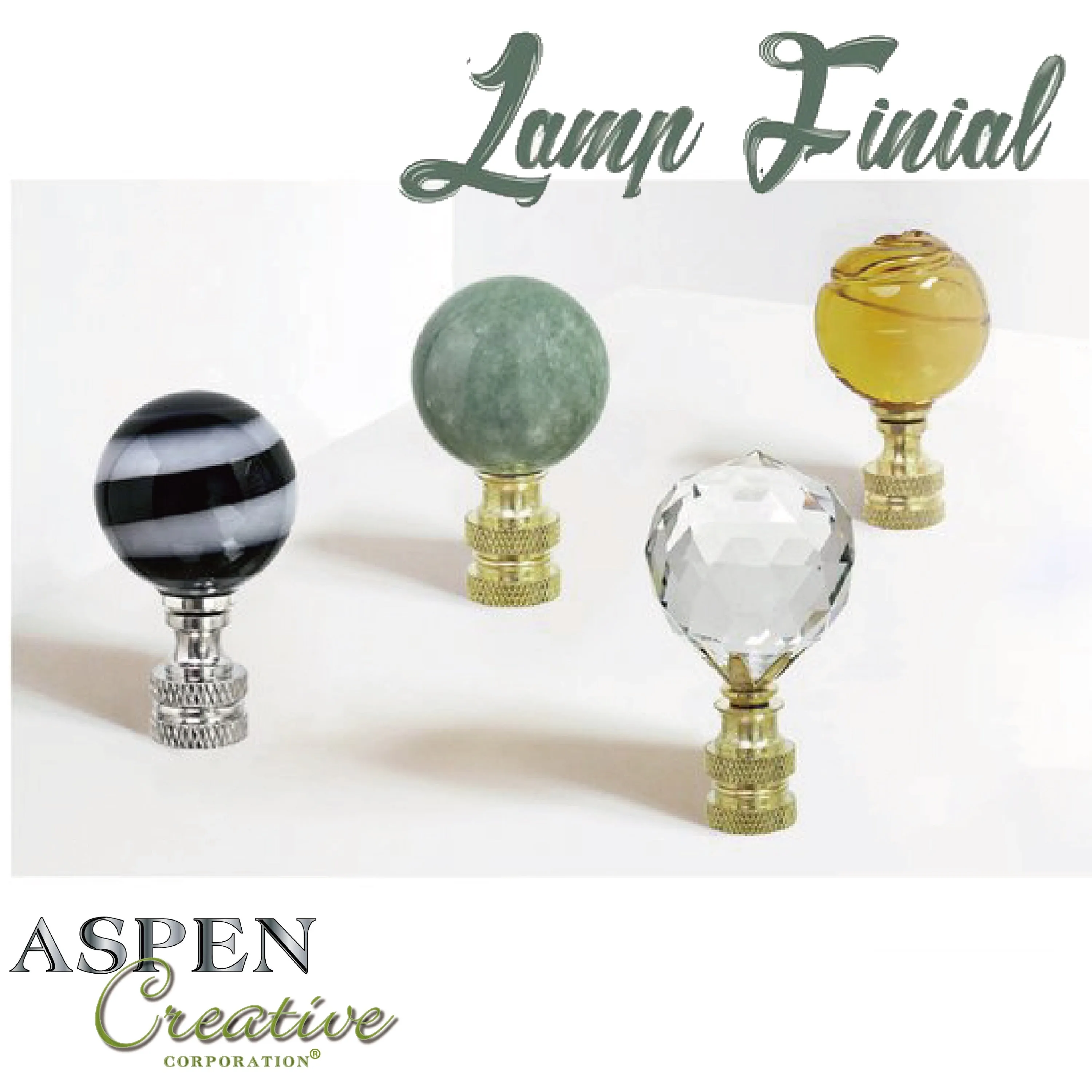 # 24023-12, 2 Pack, Green Faux Marble Ball Finial with Brass Plated Finish, 2" Tall