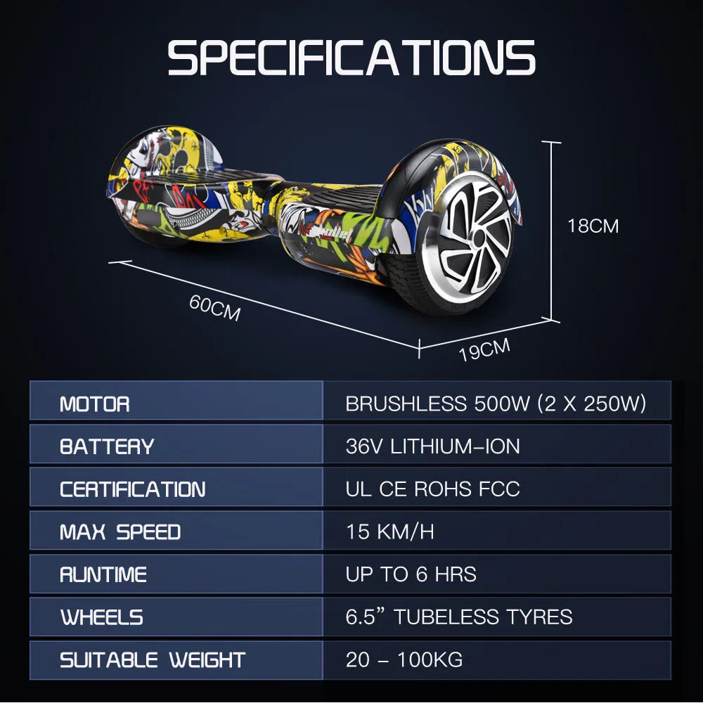 6.5" Hoverboard, LED, 500W Motor, 36V, 15km Range - Bullet