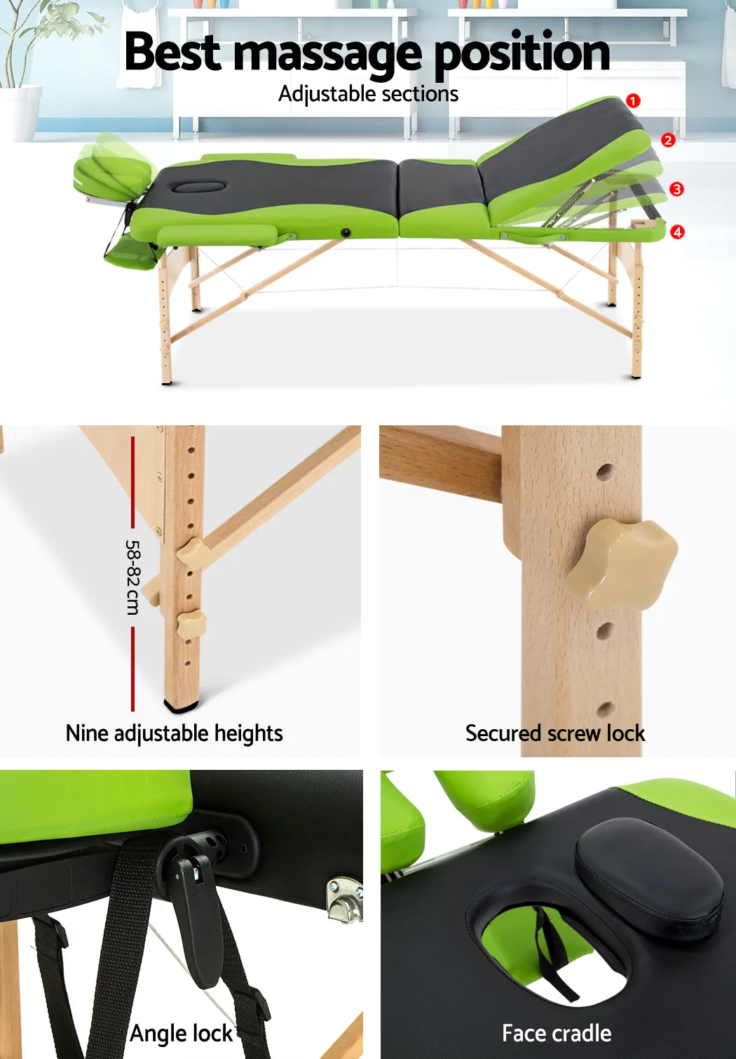 Adjustable Wooden Portable Massage Table, 3 Fold, 70cm - Zenses