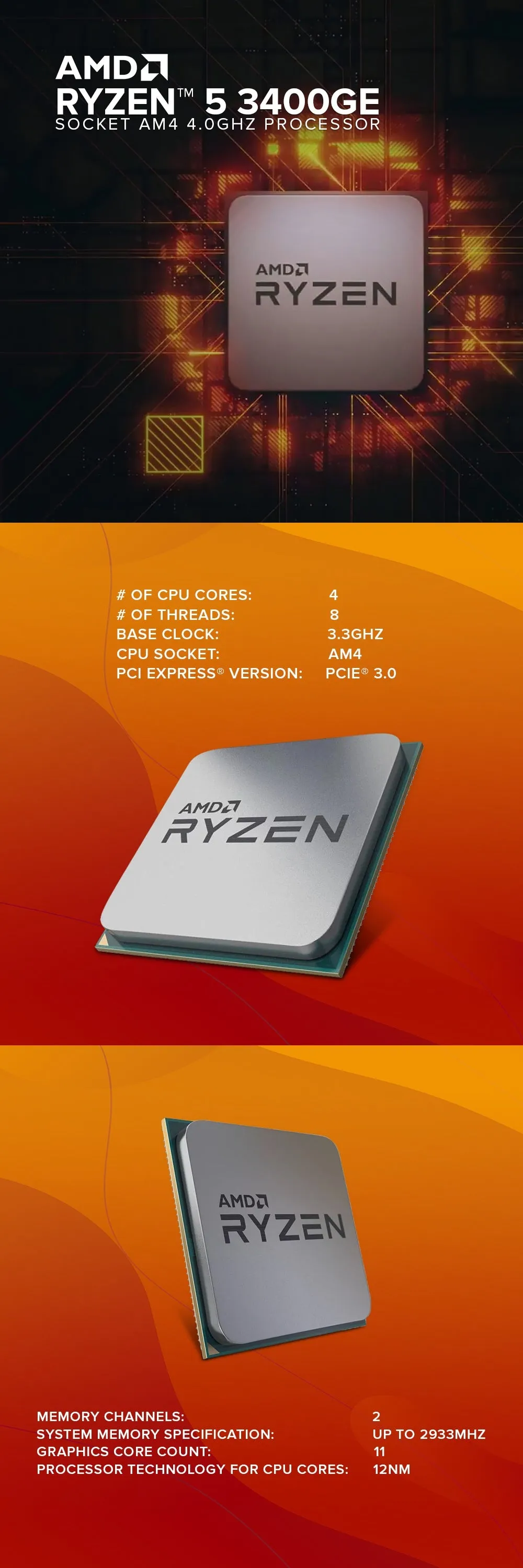 AMD Ryzen 5 3400GE Socket Am4 4.0ghz Desktop Processors TTP  with Radeon Vega Graphics, Unlocked for Overclocking Processor