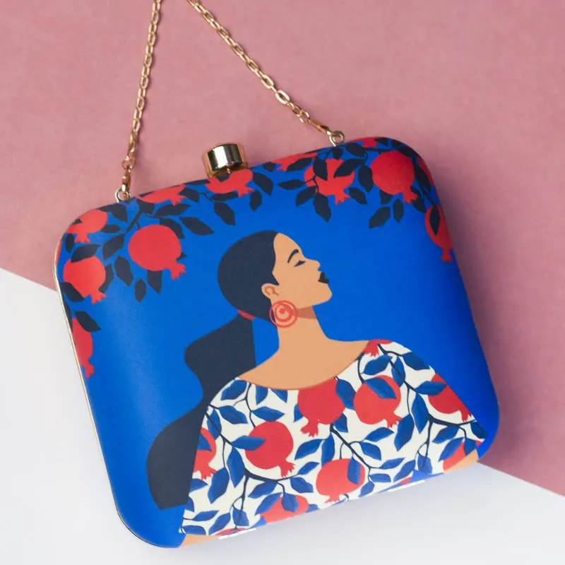 Artklim Blue Background Orange Printed Girl Clutch