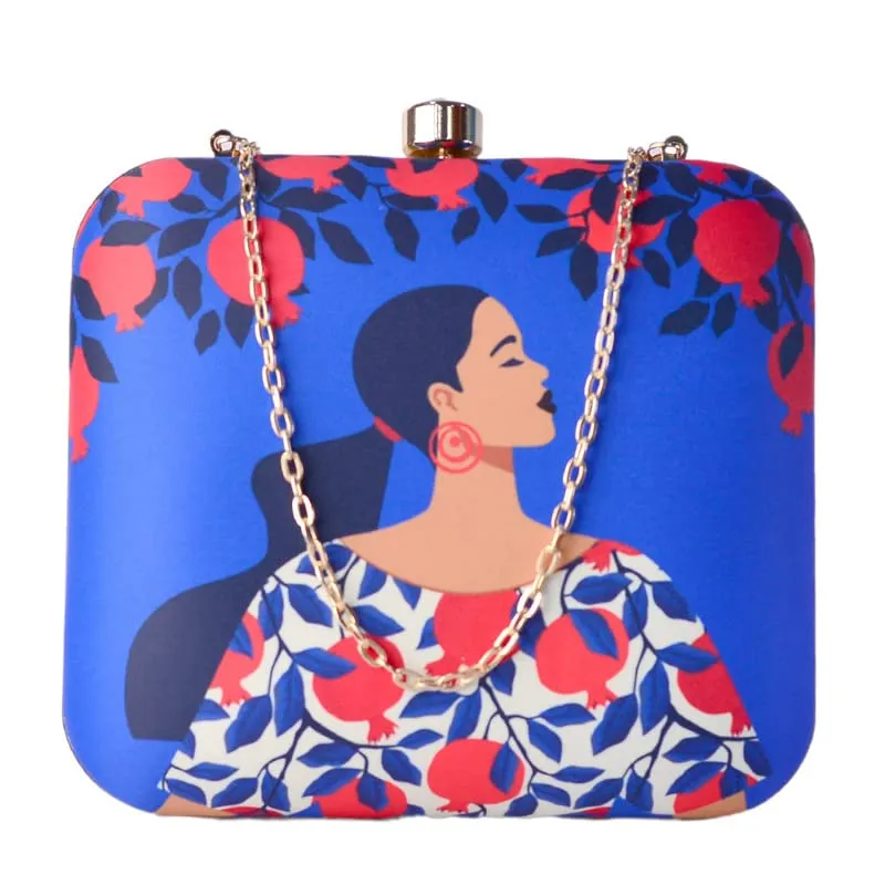 Artklim Blue Background Orange Printed Girl Clutch