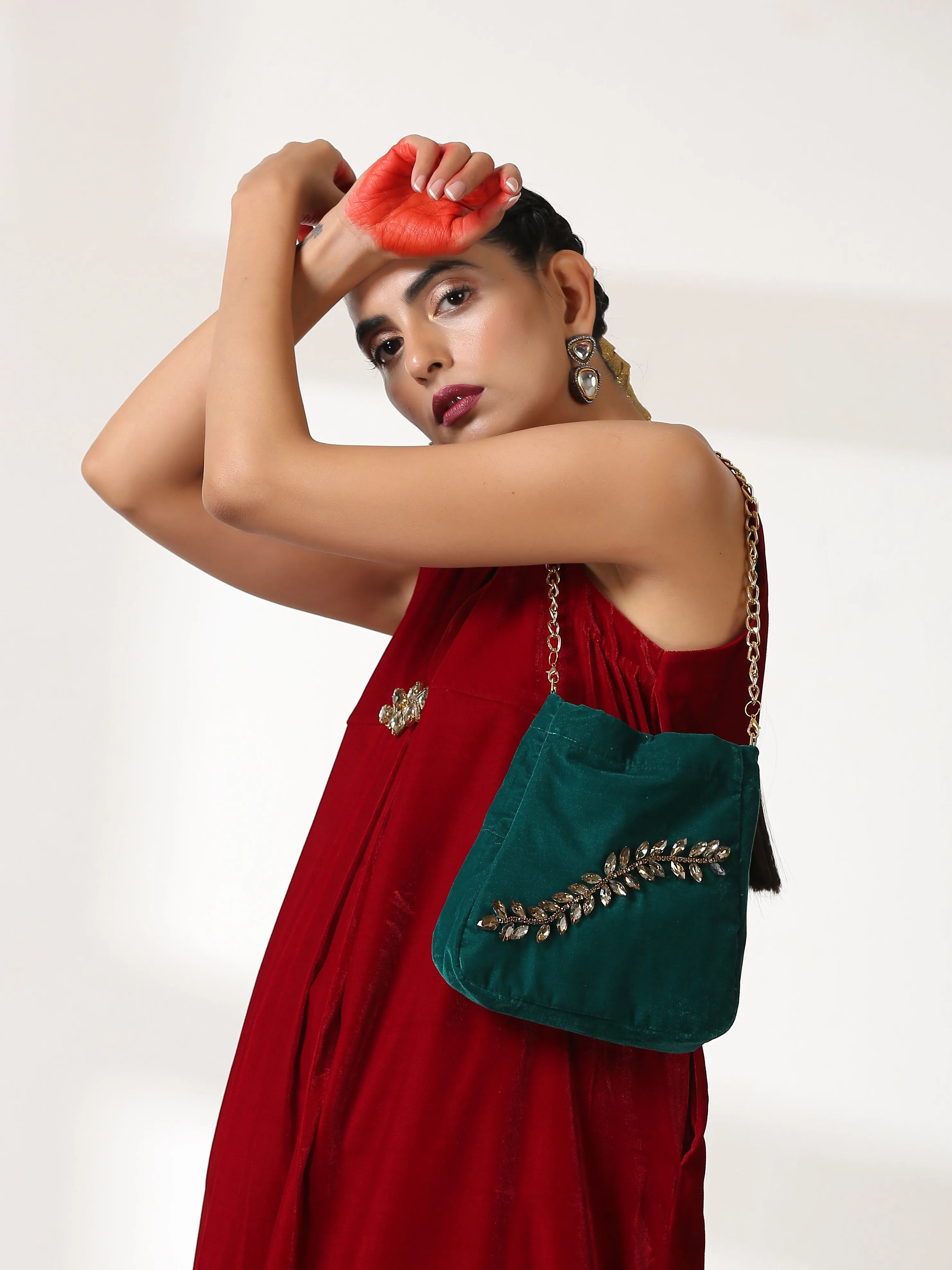 Bag Potli - Green with Bronze Glass patch & Metal Handle