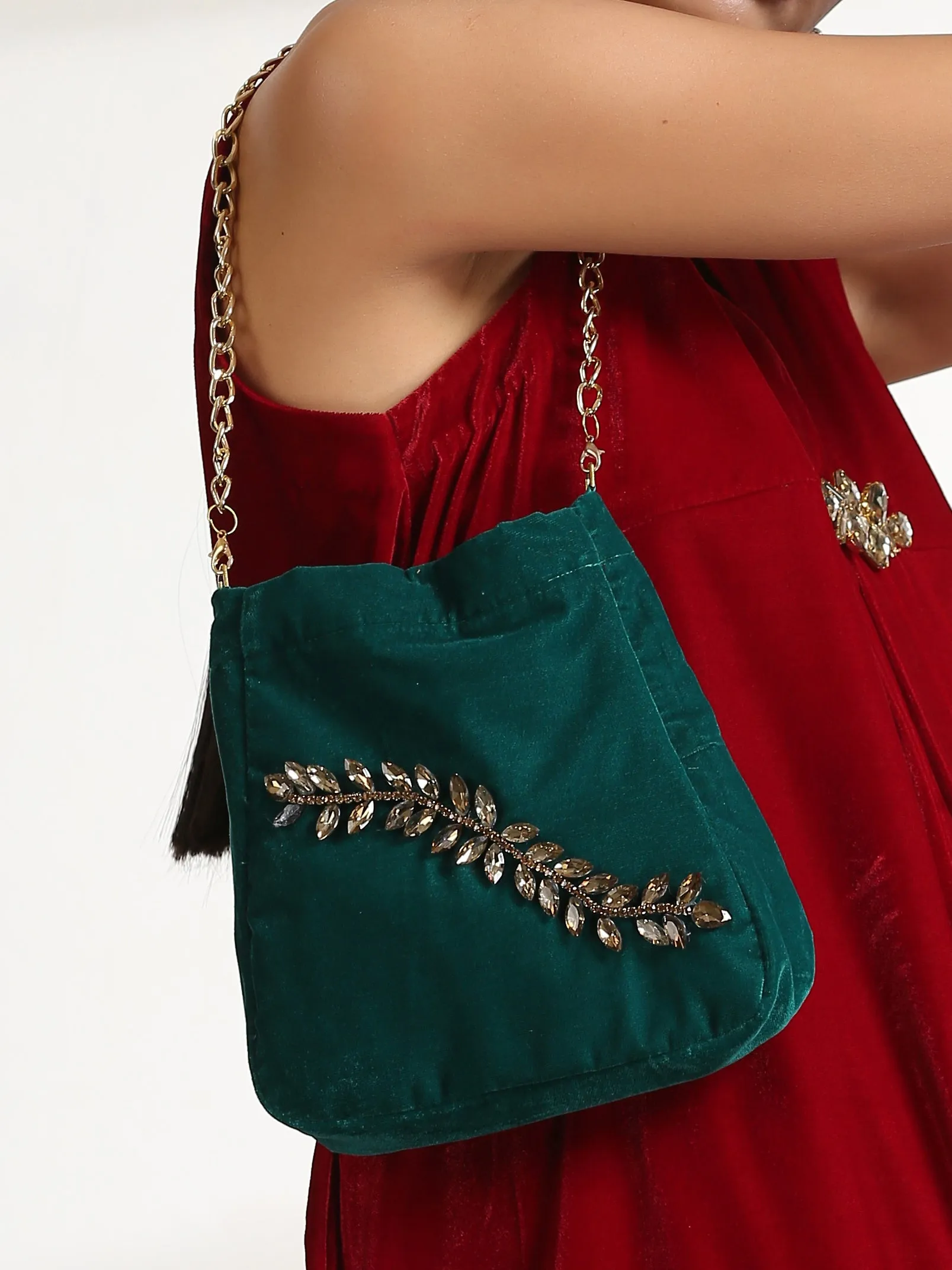 Bag Potli - Green with Bronze Glass patch & Metal Handle