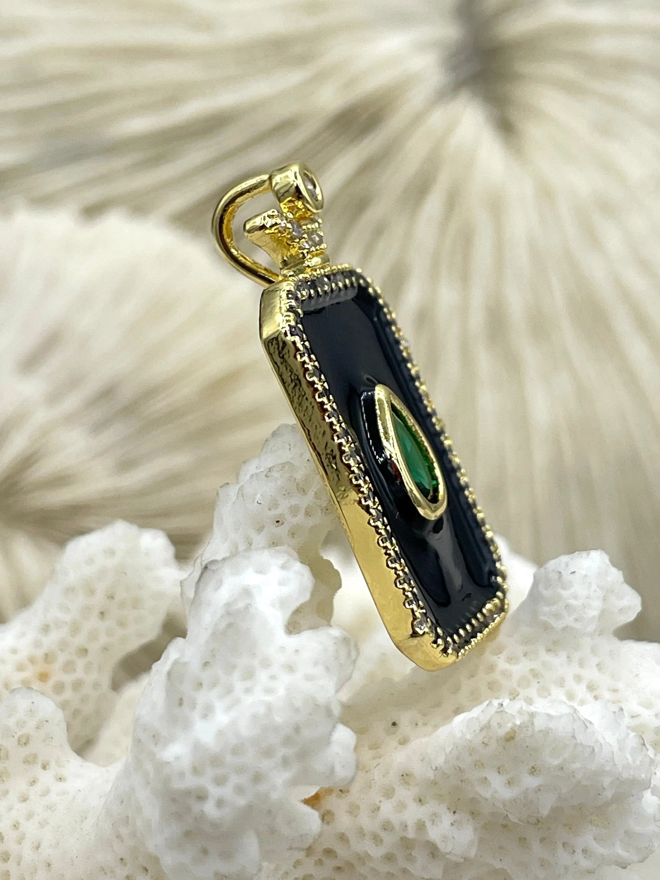 Black Enamel and Gold Pendants with Green Teardrop Center CZ, Enamel and Gold Plated Brass, 30mm x 17mm x 3mm, Fast Ship.