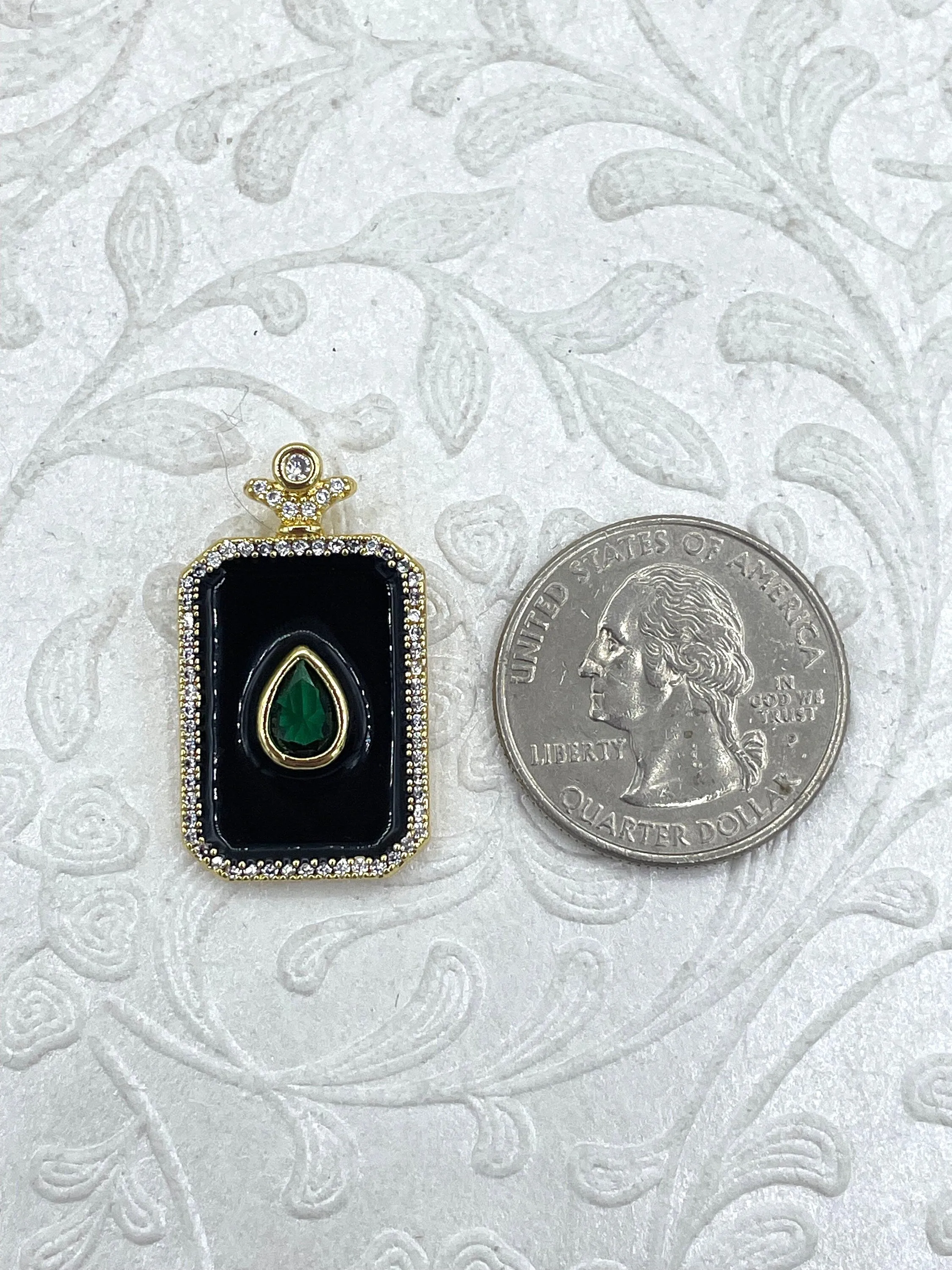 Black Enamel and Gold Pendants with Green Teardrop Center CZ, Enamel and Gold Plated Brass, 30mm x 17mm x 3mm, Fast Ship.