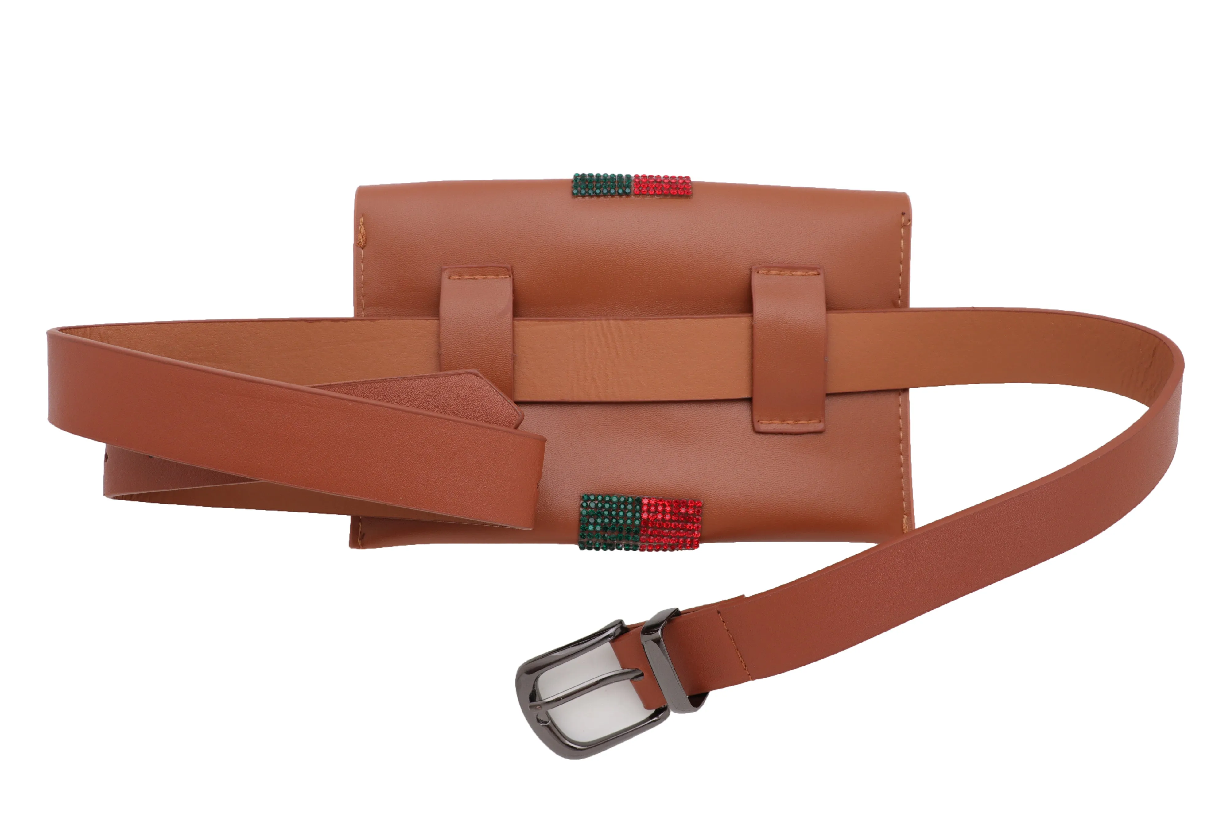 Brown Faux Leather Fashion Belt   Purse Bag Green Red Bling Bead