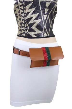 Brown Faux Leather Fashion Belt   Purse Bag Green Red Bling Bead