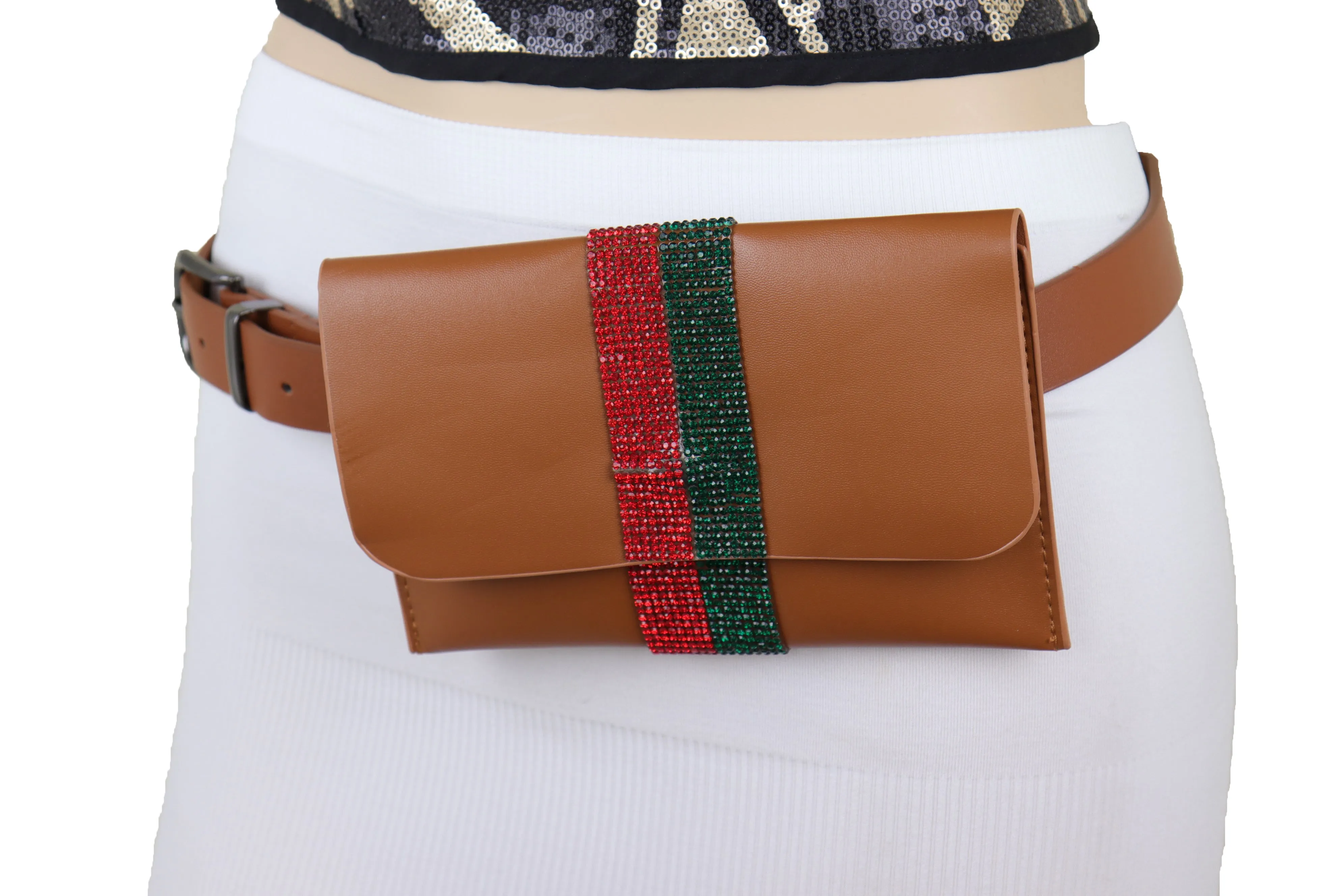 Brown Faux Leather Fashion Belt   Purse Bag Green Red Bling Bead