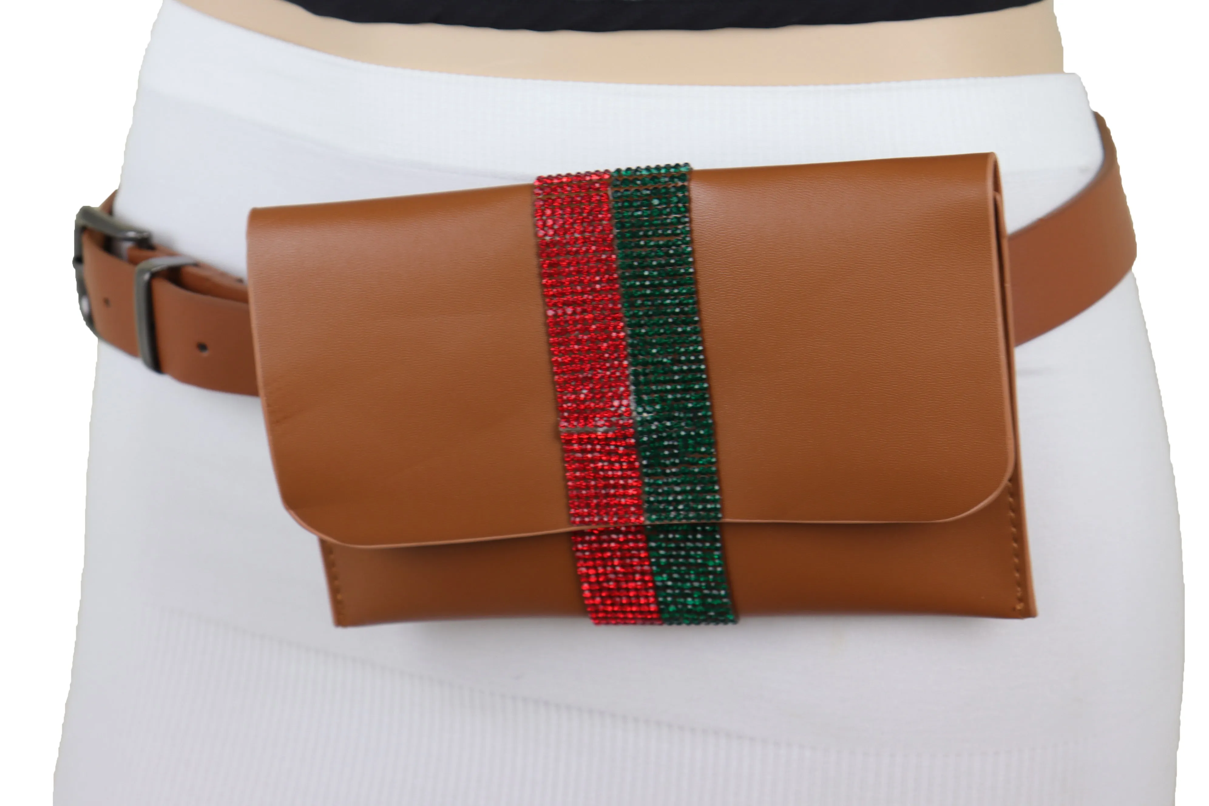 Brown Faux Leather Fashion Belt   Purse Bag Green Red Bling Bead