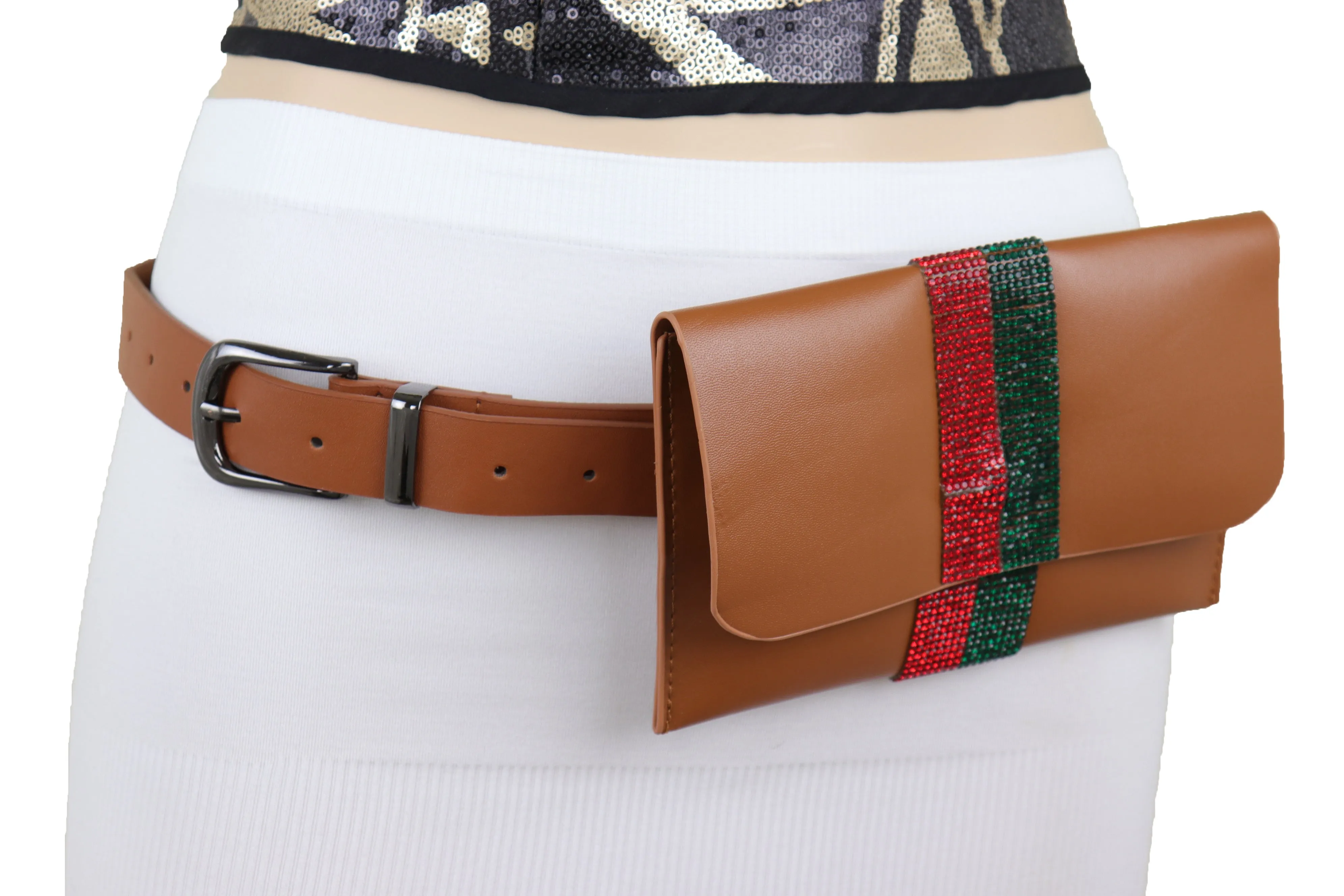 Brown Faux Leather Fashion Belt   Purse Bag Green Red Bling Bead