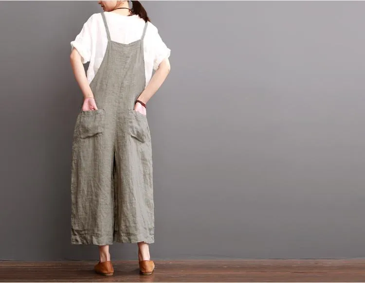 Cotton Linen Sen Department Causel Loose Overalls Big Pocket Maxi Size Trousers Women Clothes