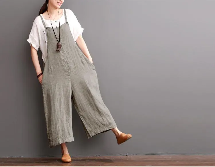 Cotton Linen Sen Department Causel Loose Overalls Big Pocket Maxi Size Trousers Women Clothes