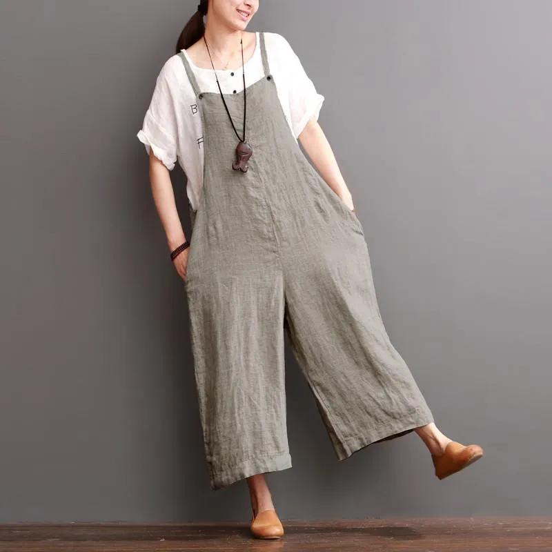 Cotton Linen Sen Department Causel Loose Overalls Big Pocket Maxi Size Trousers Women Clothes