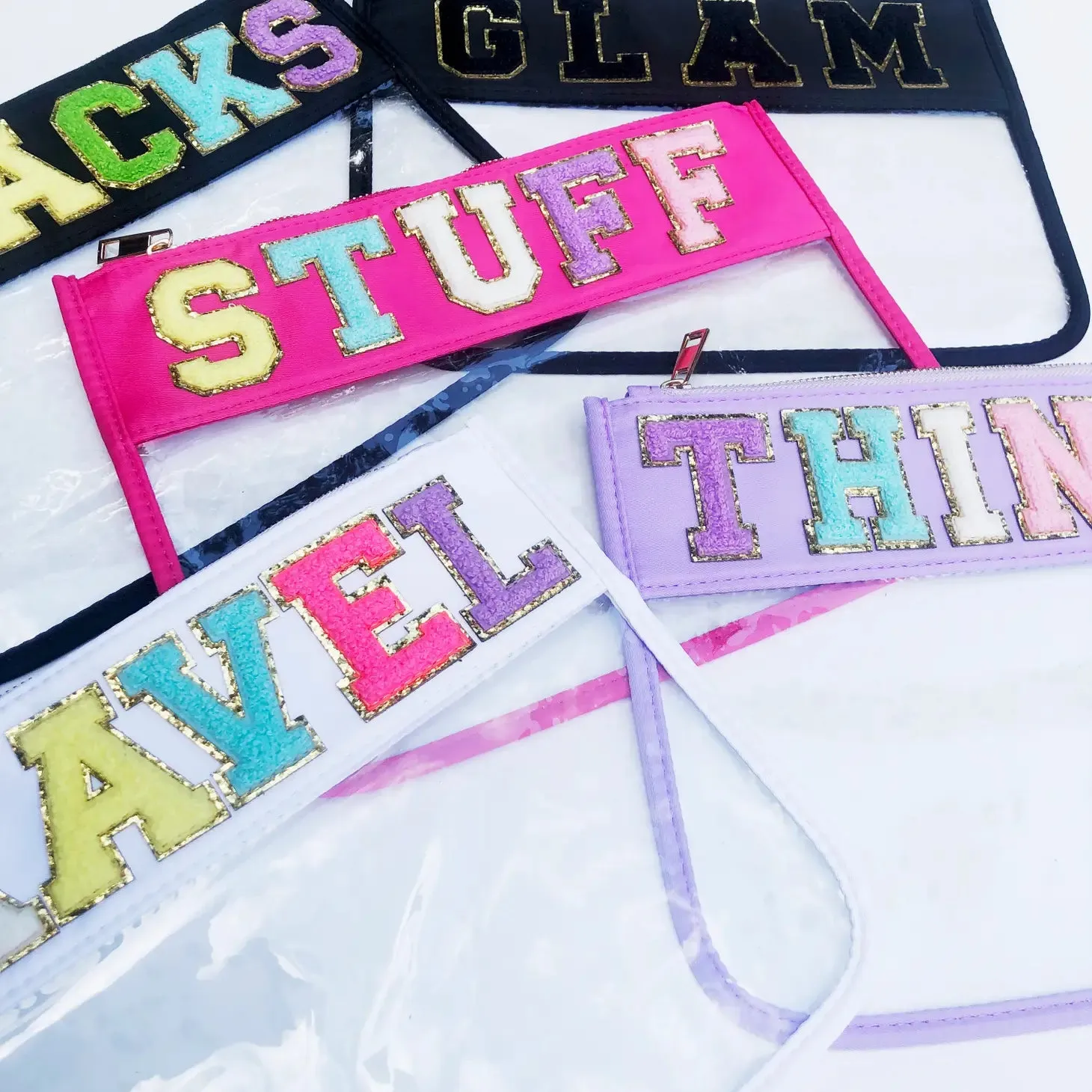 Customized Letter Patch Clear Zippered Pouch Bag