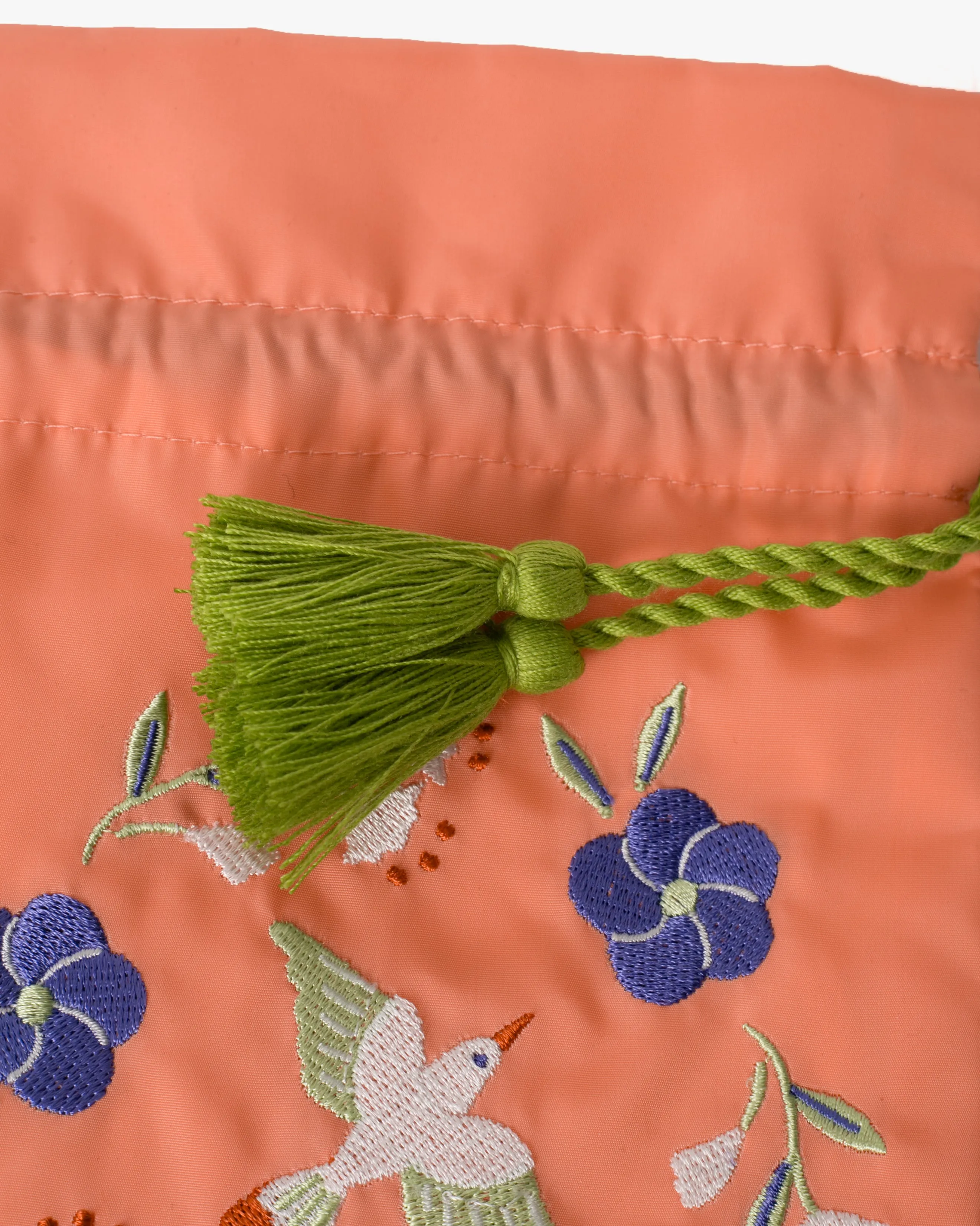 Embroidered Pouch, Bisque, Salmon Bird with Lime Green Tassels