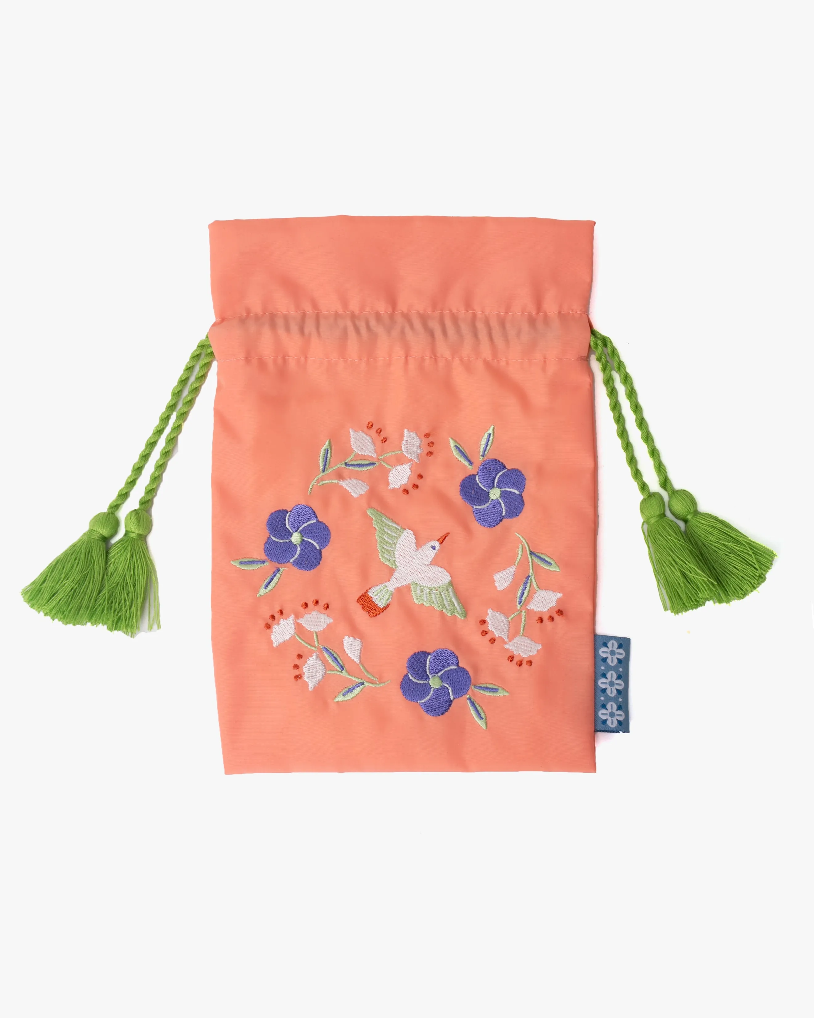 Embroidered Pouch, Bisque, Salmon Bird with Lime Green Tassels