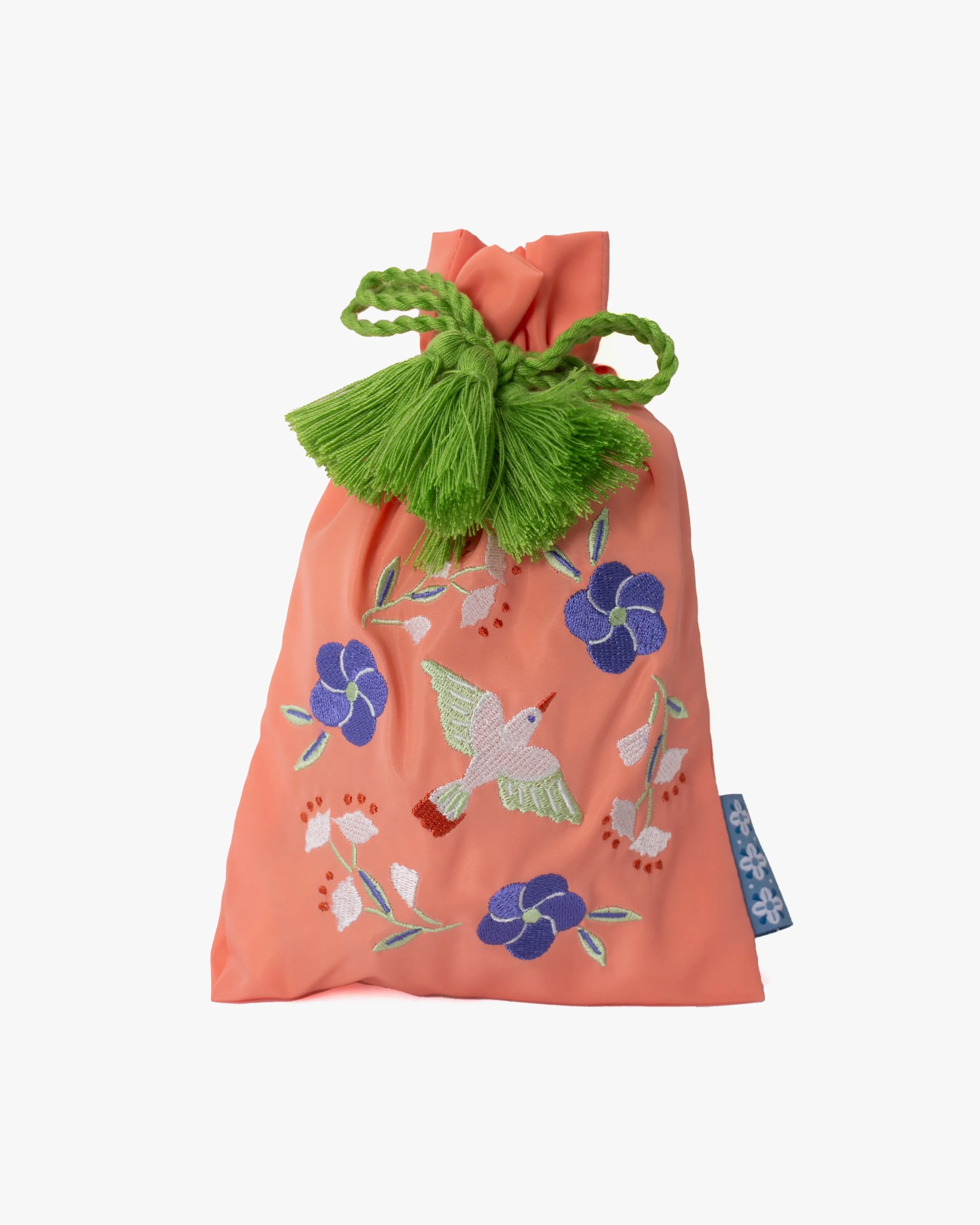 Embroidered Pouch, Bisque, Salmon Bird with Lime Green Tassels