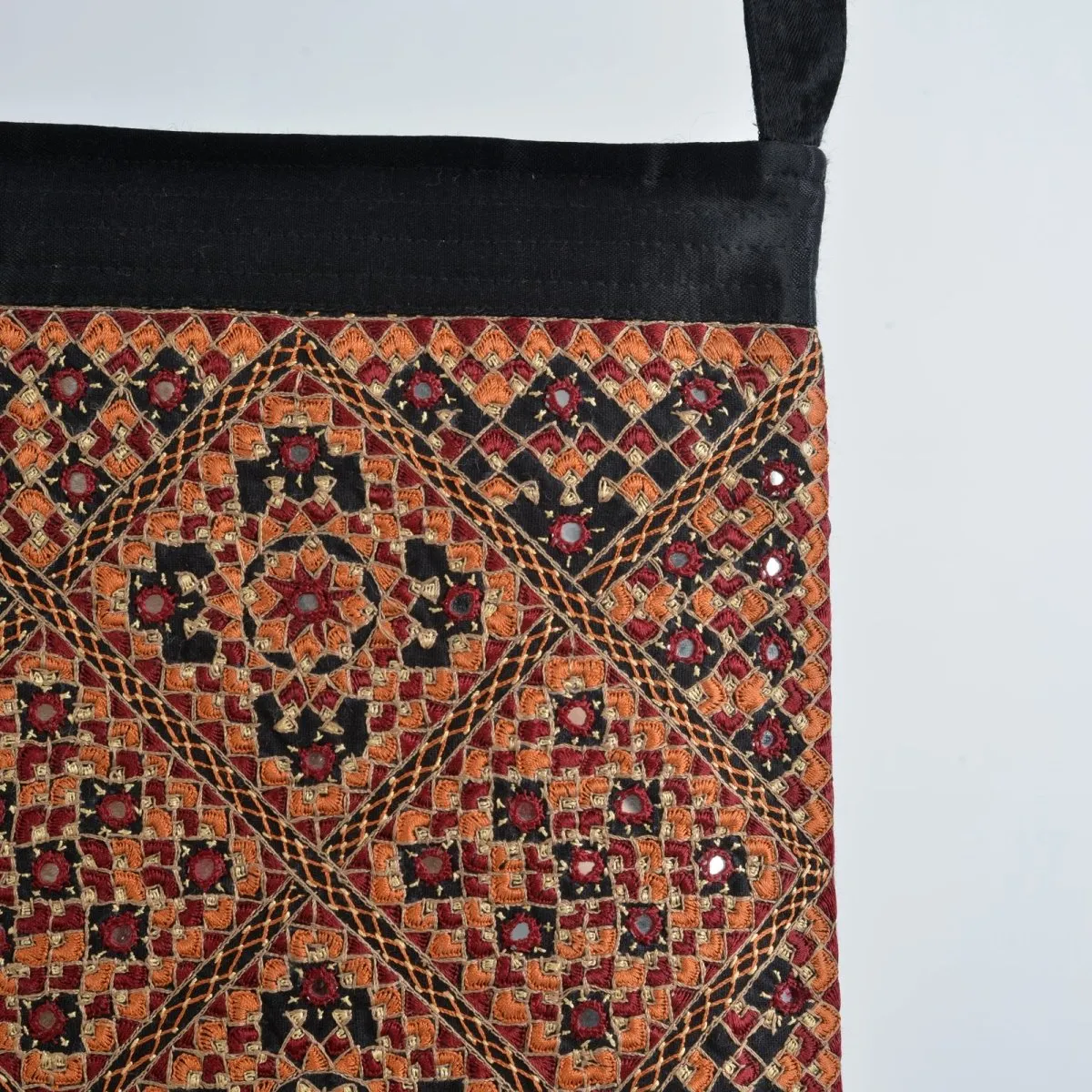 Finely Embroidered Black Cotton Sling Bag