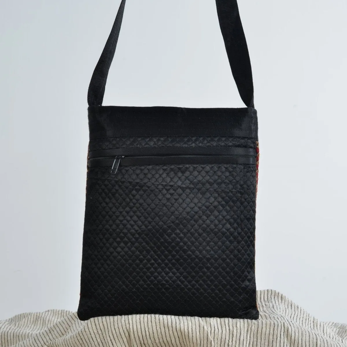 Finely Embroidered Black Cotton Sling Bag