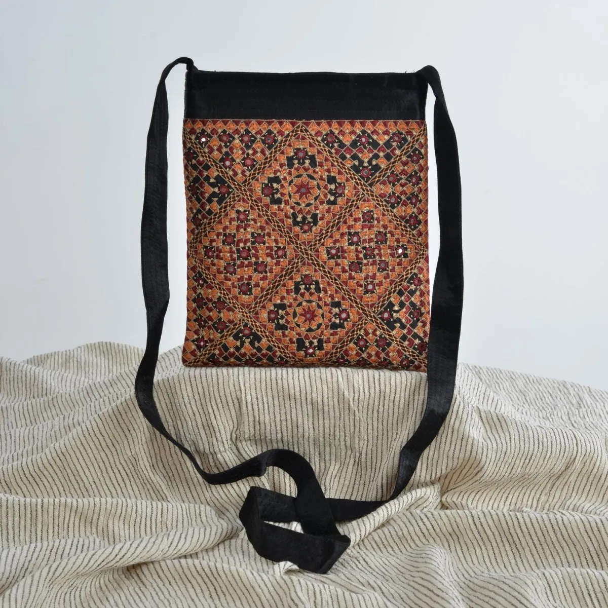 Finely Embroidered Black Cotton Sling Bag