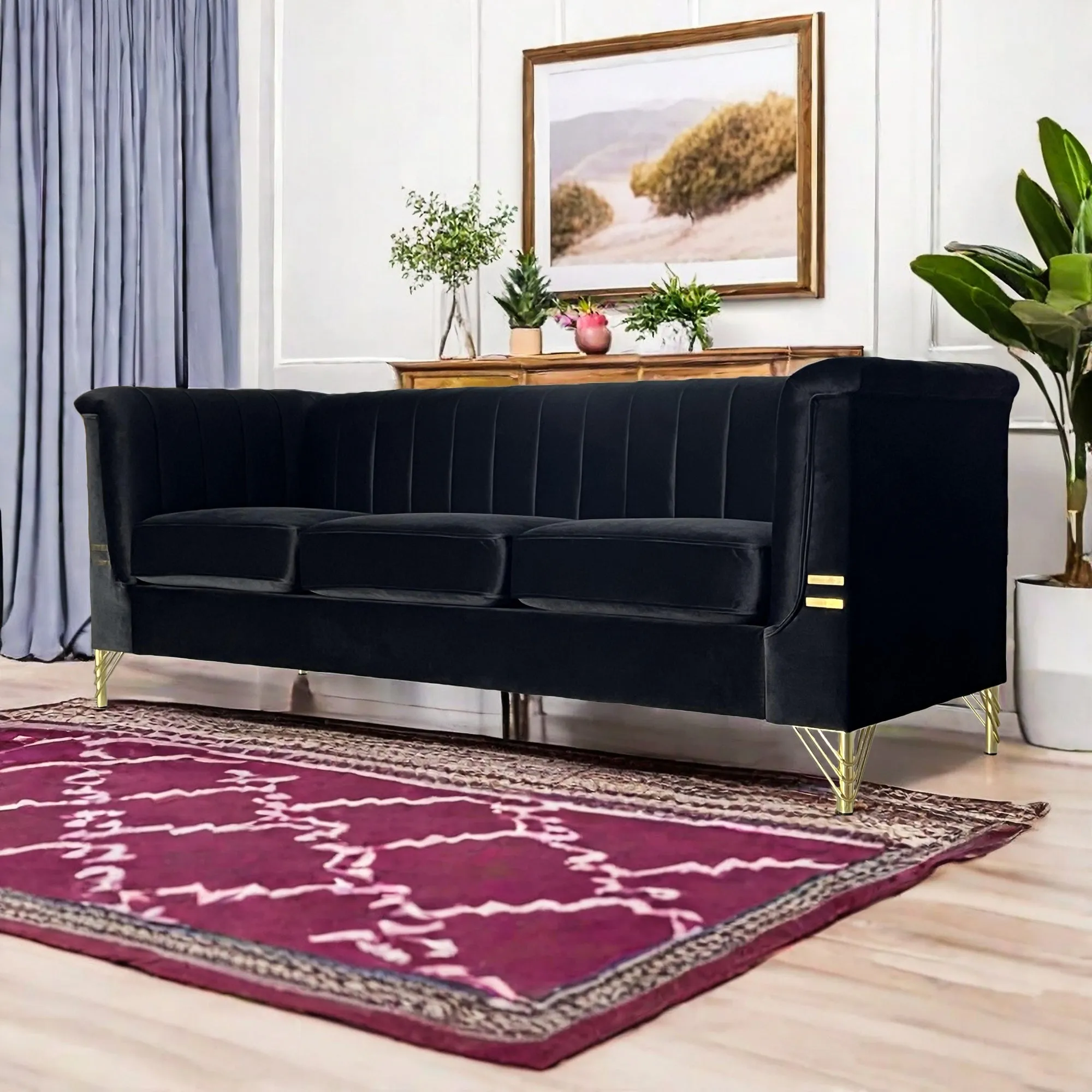 FX-P82-BK(SOFA)-Modern Sofa Couches for Living Room, 82.67Inches Velvet Velvet Tight Back Chesterfield design Couch Upholstered Sofa with Metal Legs Decor Furniture for Bedroom