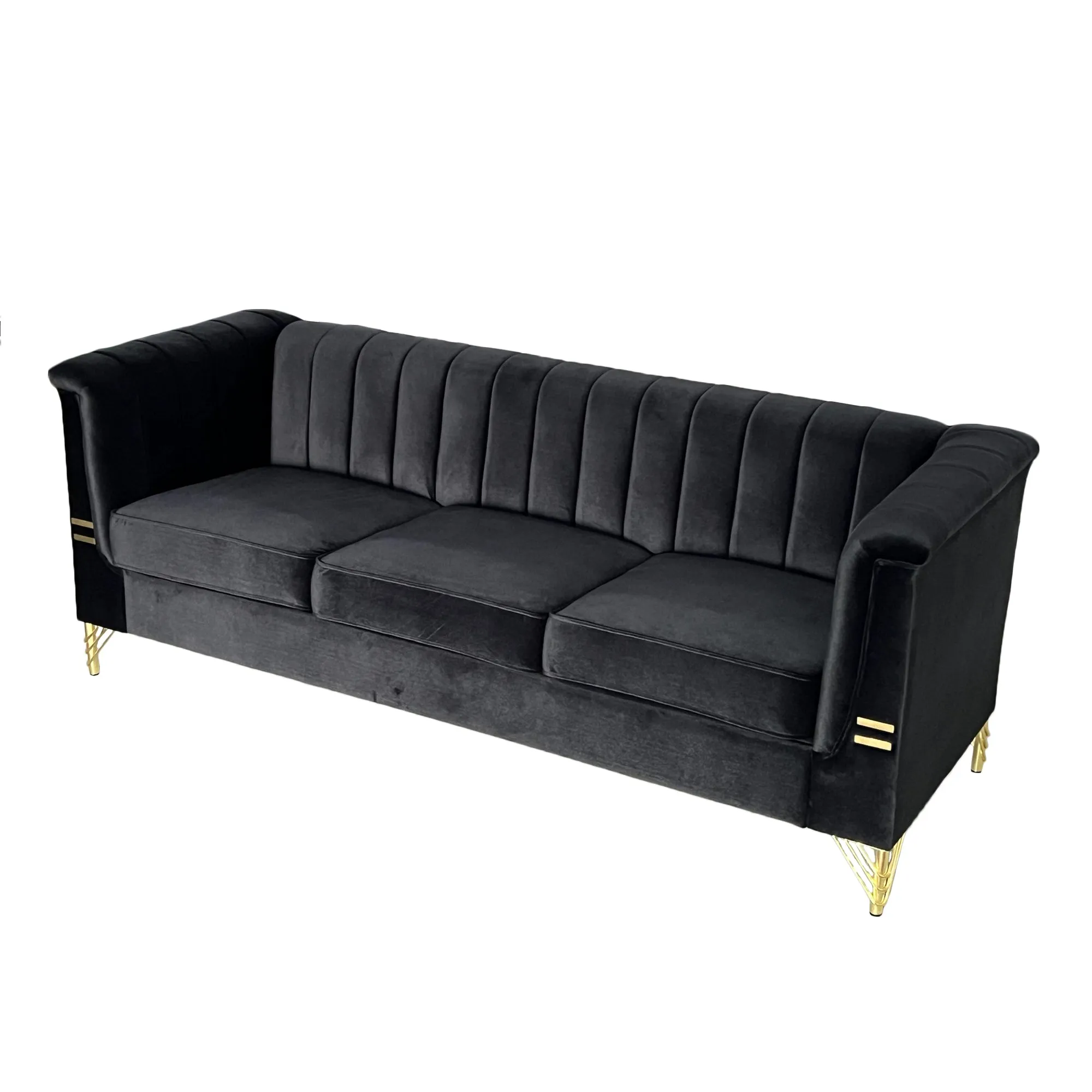 FX-P82-BK(SOFA)-Modern Sofa Couches for Living Room, 82.67Inches Velvet Velvet Tight Back Chesterfield design Couch Upholstered Sofa with Metal Legs Decor Furniture for Bedroom