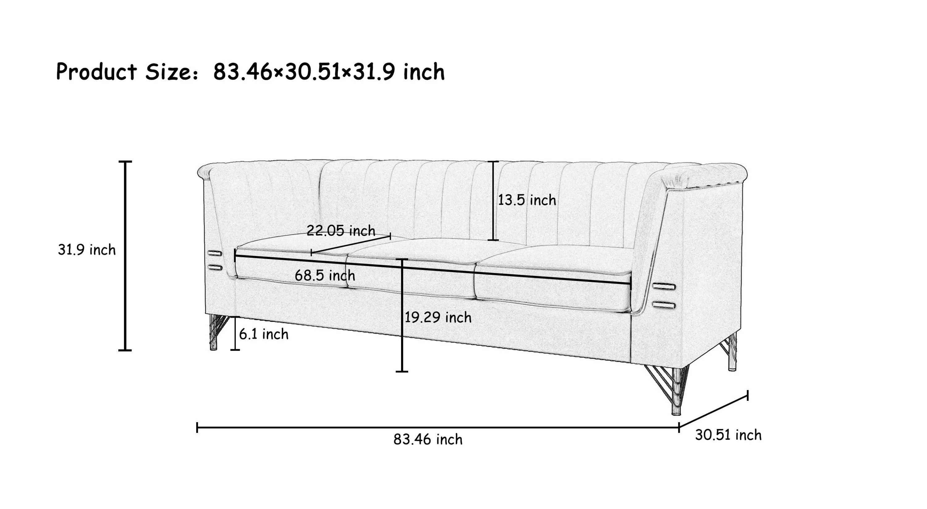 FX-P82-BK(SOFA)-Modern Sofa Couches for Living Room, 82.67Inches Velvet Velvet Tight Back Chesterfield design Couch Upholstered Sofa with Metal Legs Decor Furniture for Bedroom