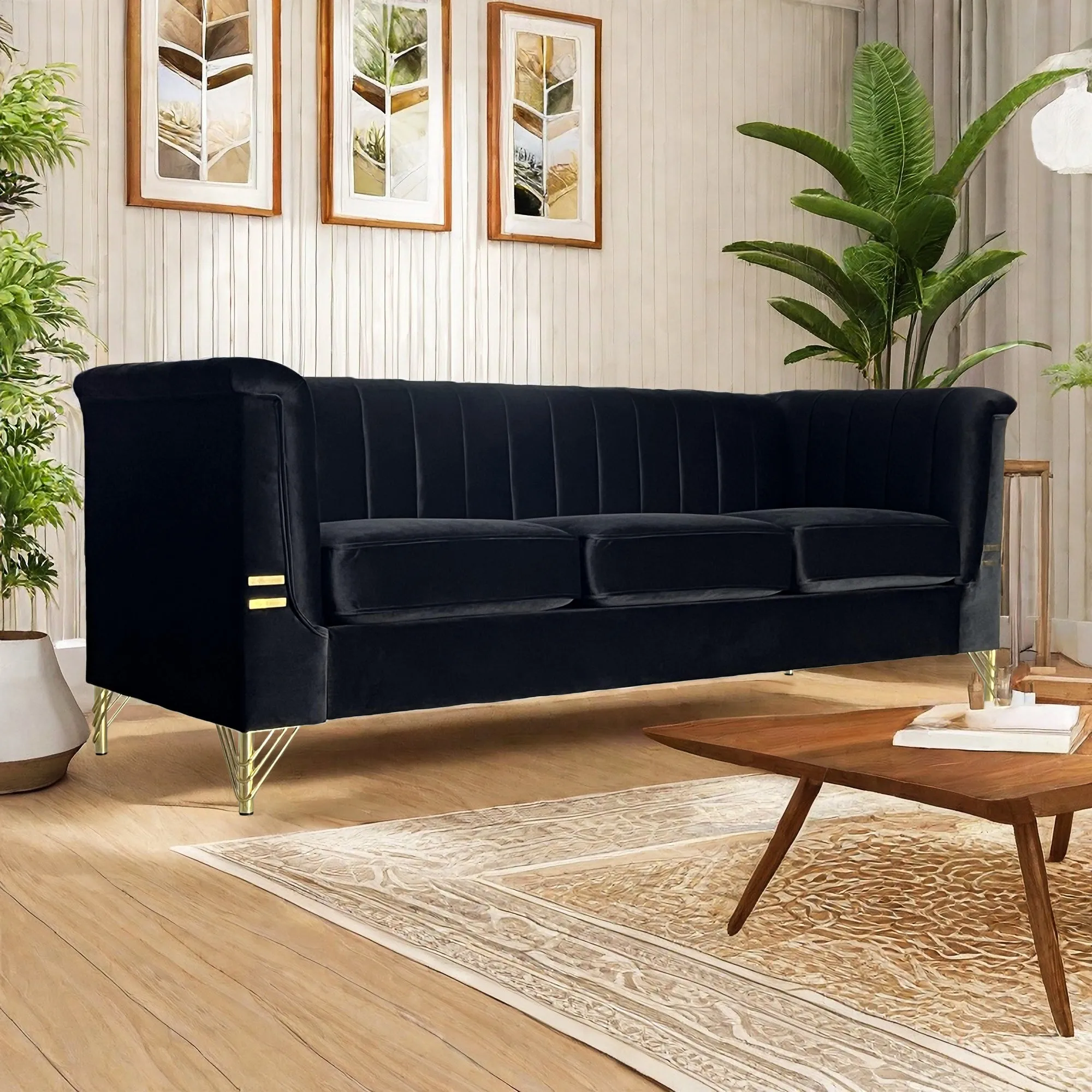 FX-P82-BK(SOFA)-Modern Sofa Couches for Living Room, 82.67Inches Velvet Velvet Tight Back Chesterfield design Couch Upholstered Sofa with Metal Legs Decor Furniture for Bedroom