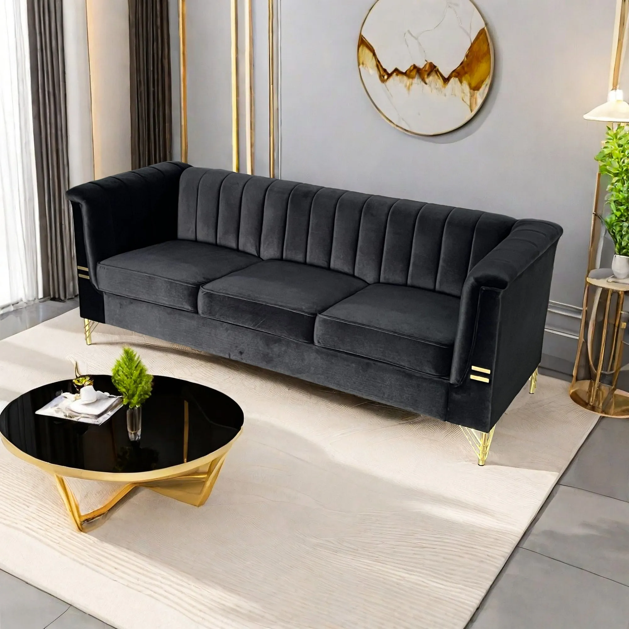 FX-P82-BK(SOFA)-Modern Sofa Couches for Living Room, 82.67Inches Velvet Velvet Tight Back Chesterfield design Couch Upholstered Sofa with Metal Legs Decor Furniture for Bedroom