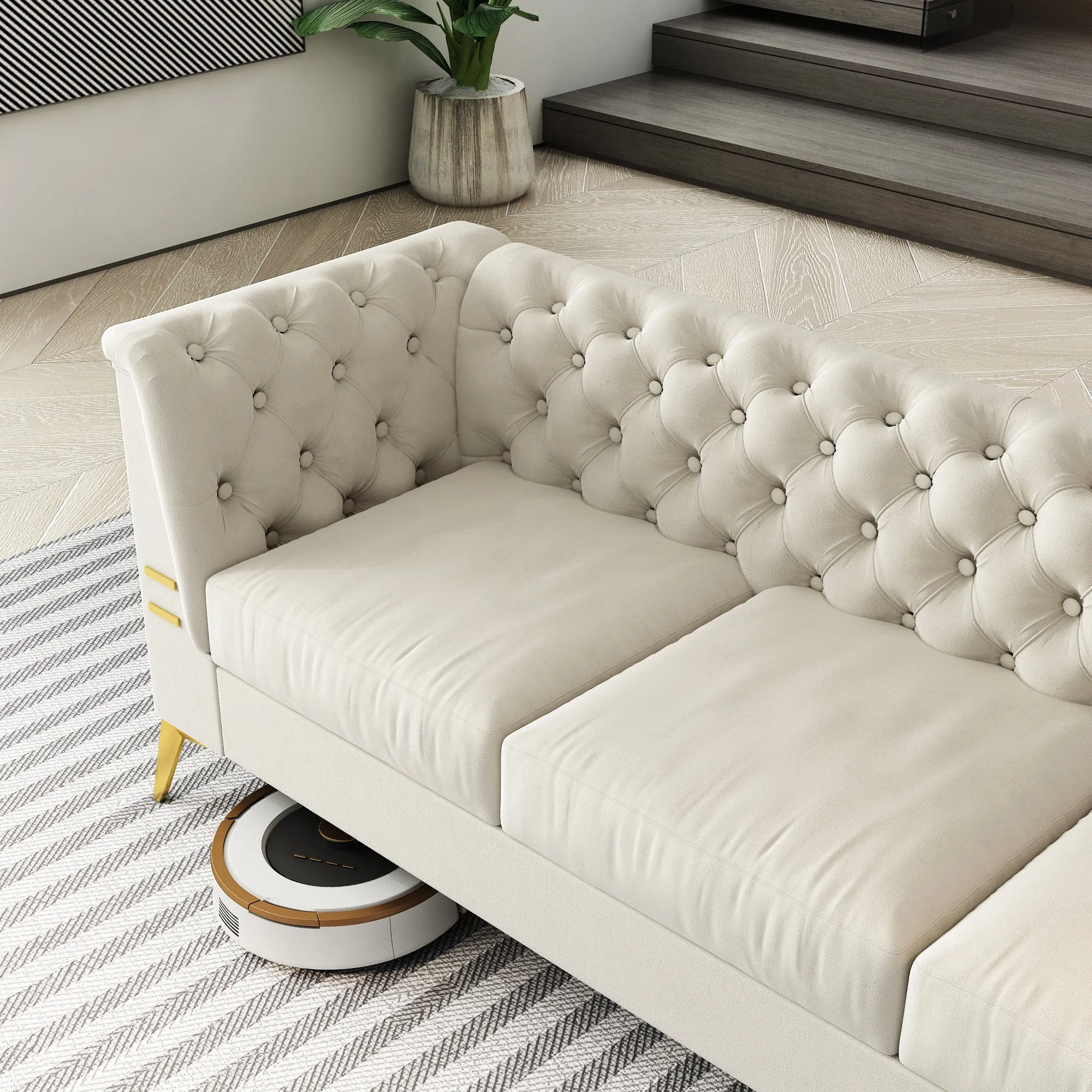 FX-P83-CW (sofa) -Modern Velvet Living Room Chesterfield design 82.7inch Wide Sofa cream white color