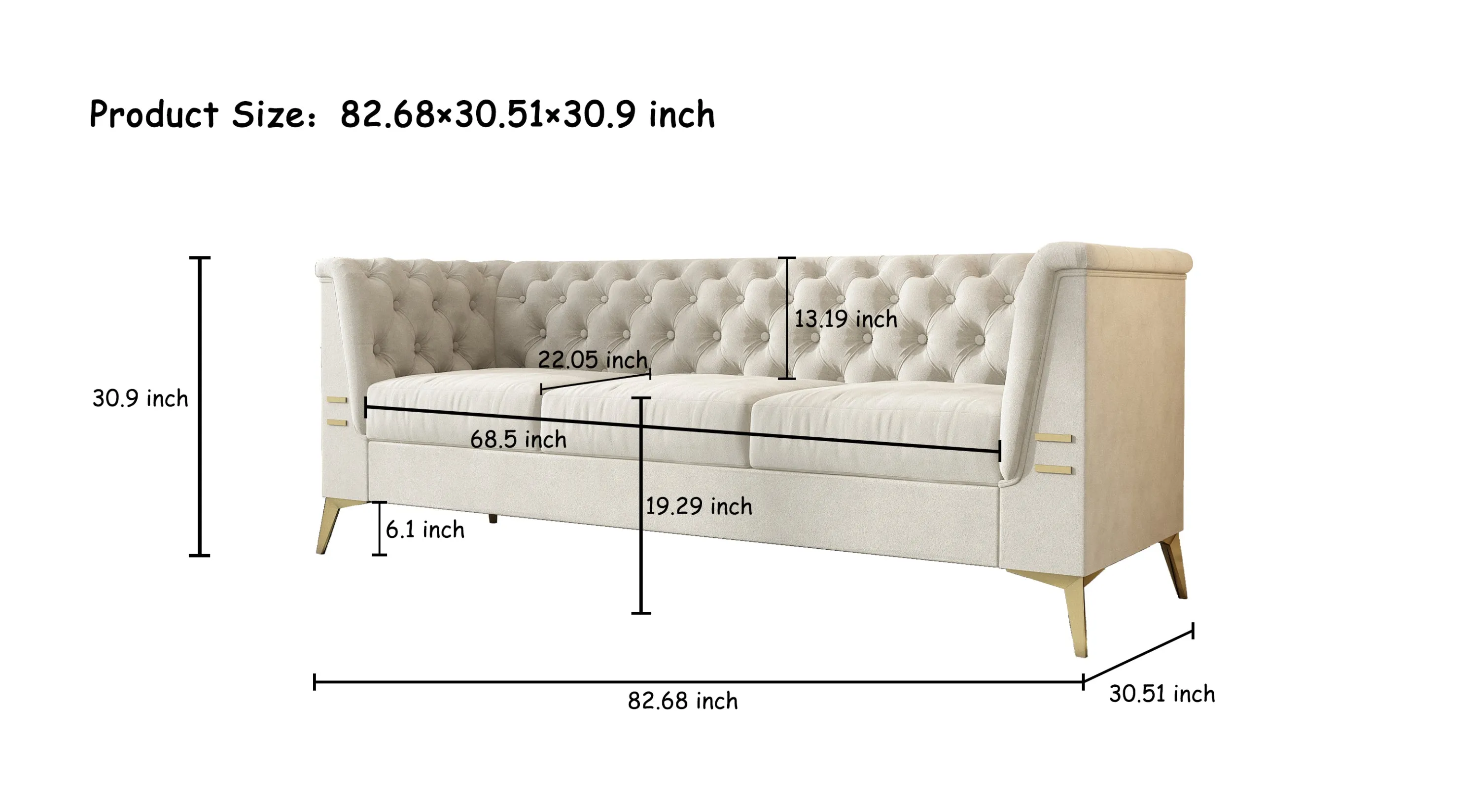 FX-P83-CW (sofa) -Modern Velvet Living Room Chesterfield design 82.7inch Wide Sofa cream white color