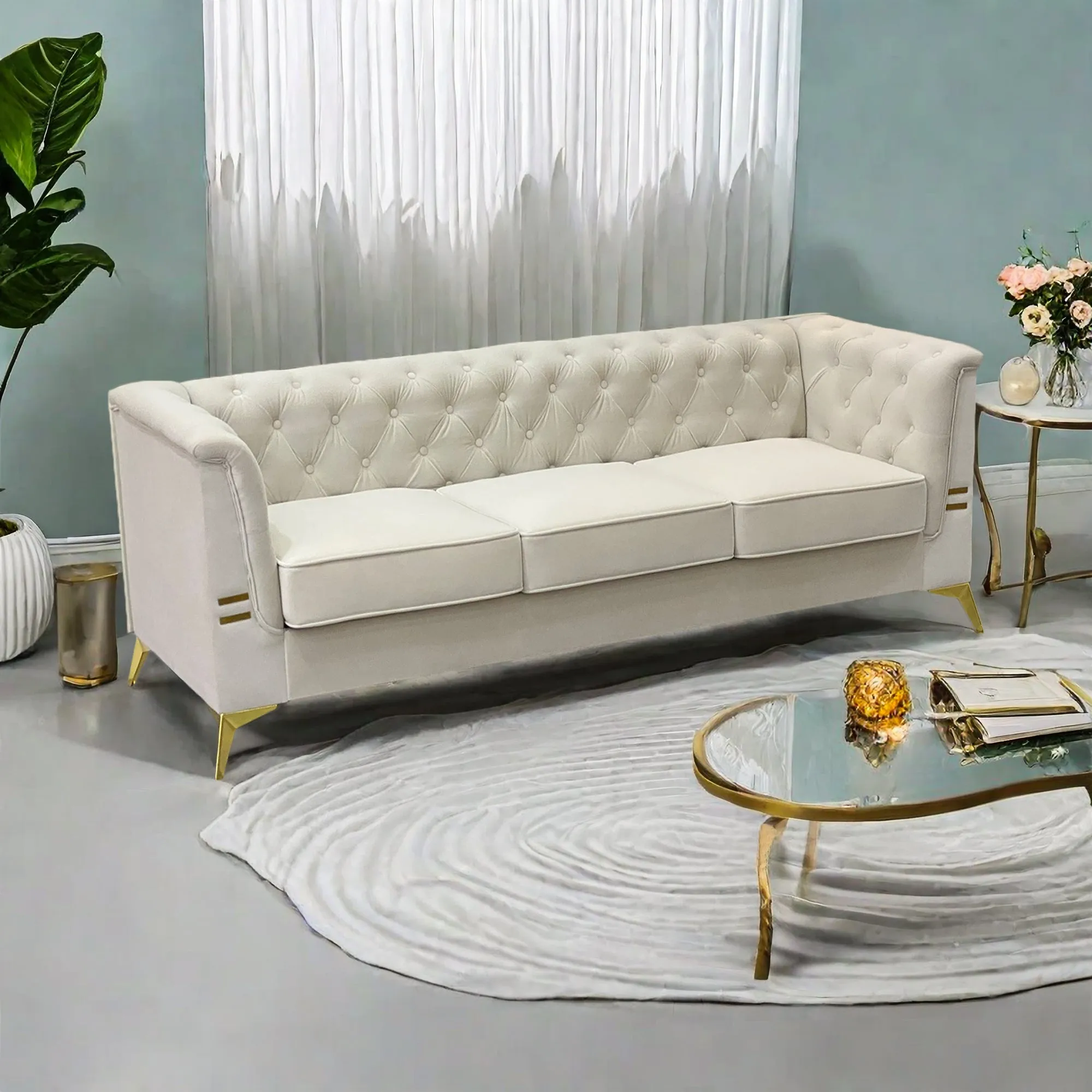 FX-P83-CW (sofa) -Modern Velvet Living Room Chesterfield design 82.7inch Wide Sofa cream white color