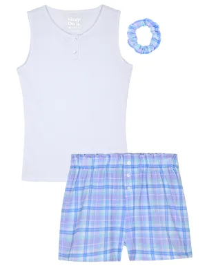 Girls 2-Piece Ribbed-Knit Tank Boxer Shorts Pajama Set with Hair Scrunchie- Plaid.