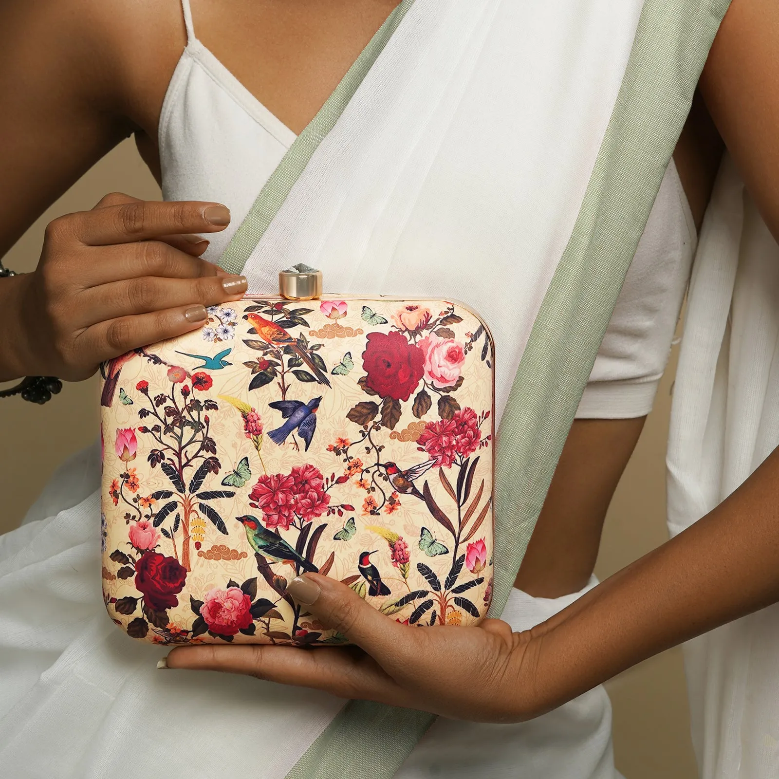 Grandma's Garden Cream Printed Clutch