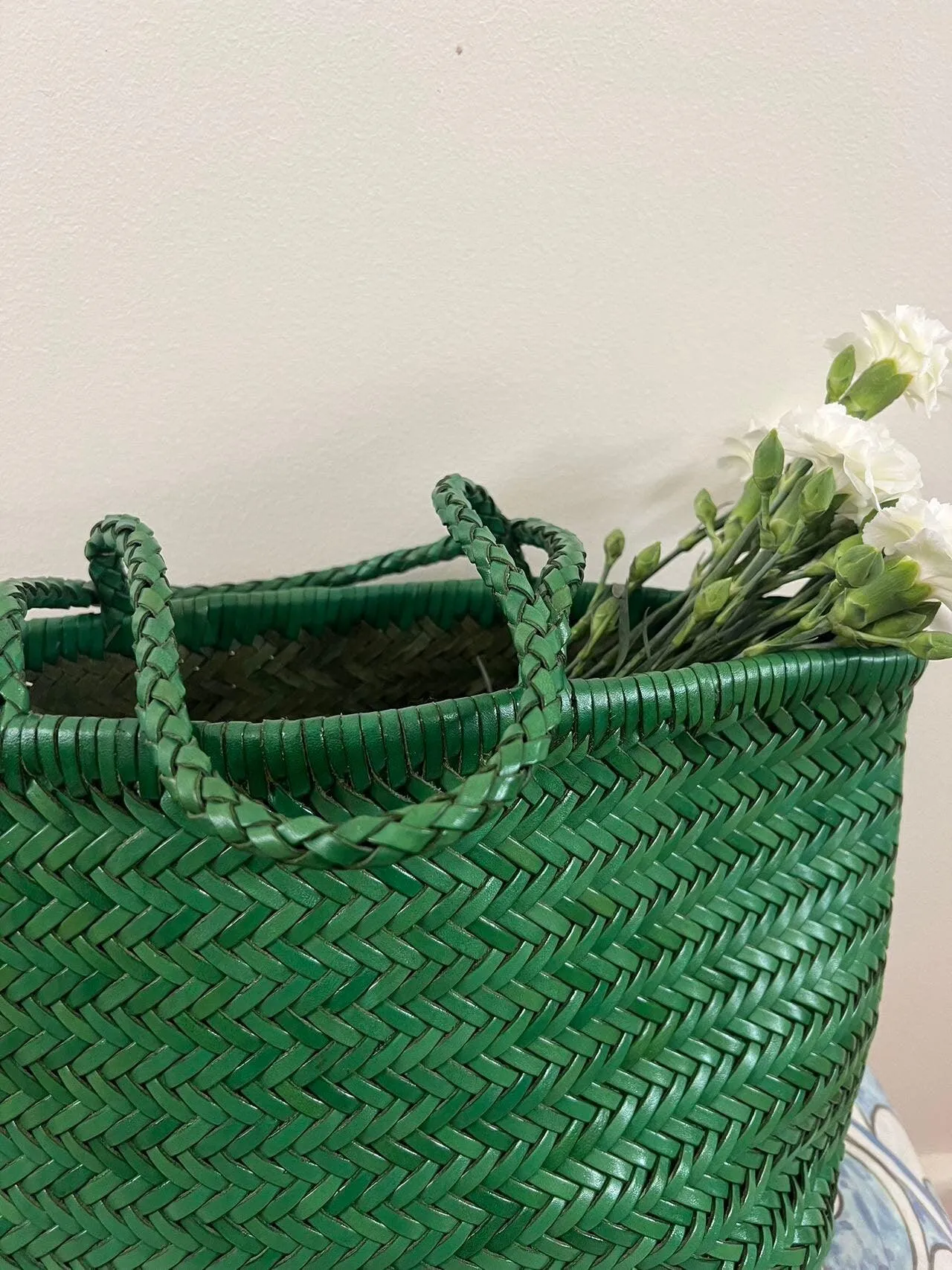 Green Italy Full Grain Leather Soft Woven Triple Jump Bamboo Style HandBag, Handcrafted Ladies Bag, Basket Bag, Plant Green, Red, White