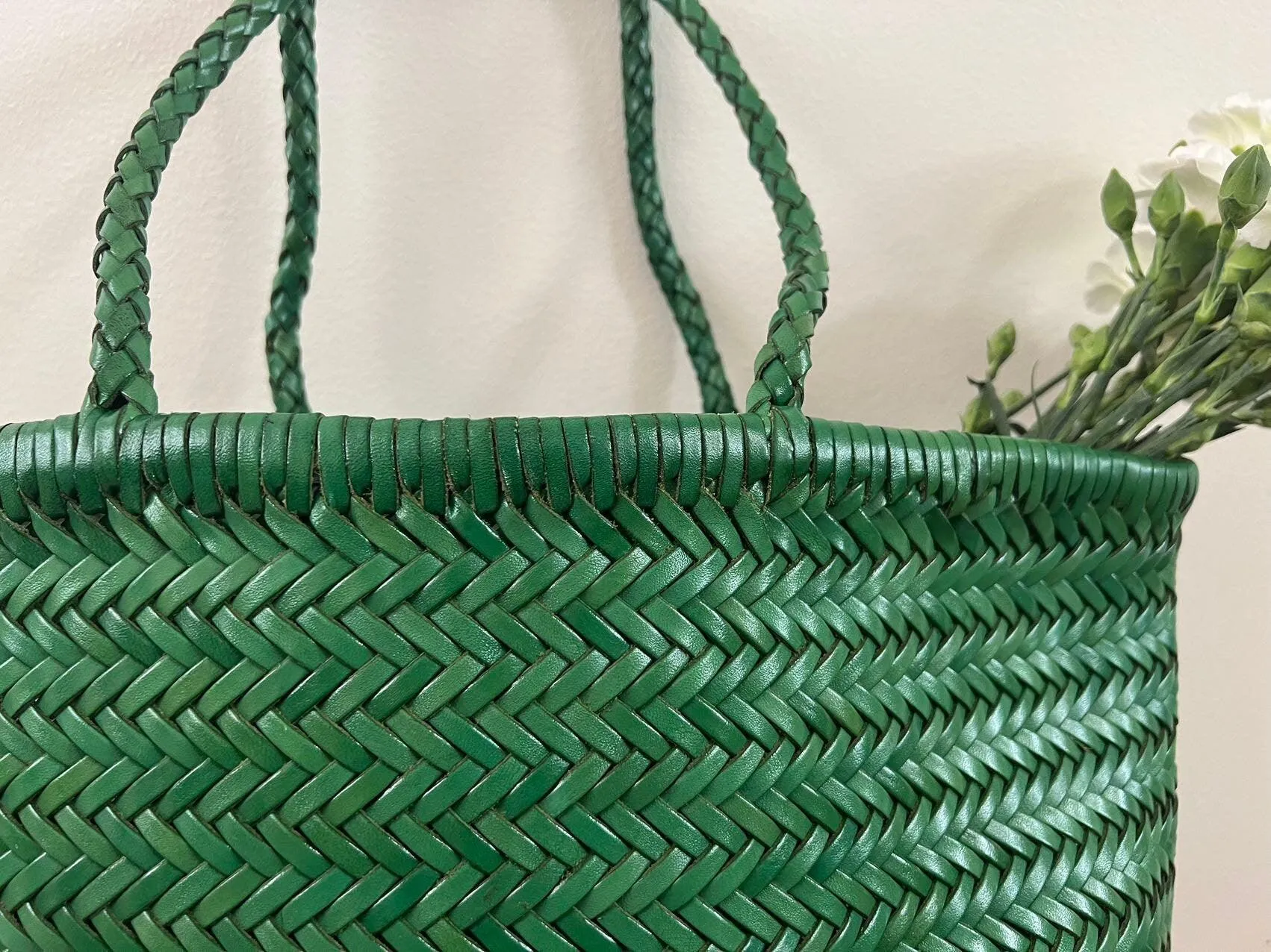 Green Italy Full Grain Leather Soft Woven Triple Jump Bamboo Style HandBag, Handcrafted Ladies Bag, Basket Bag, Plant Green, Red, White