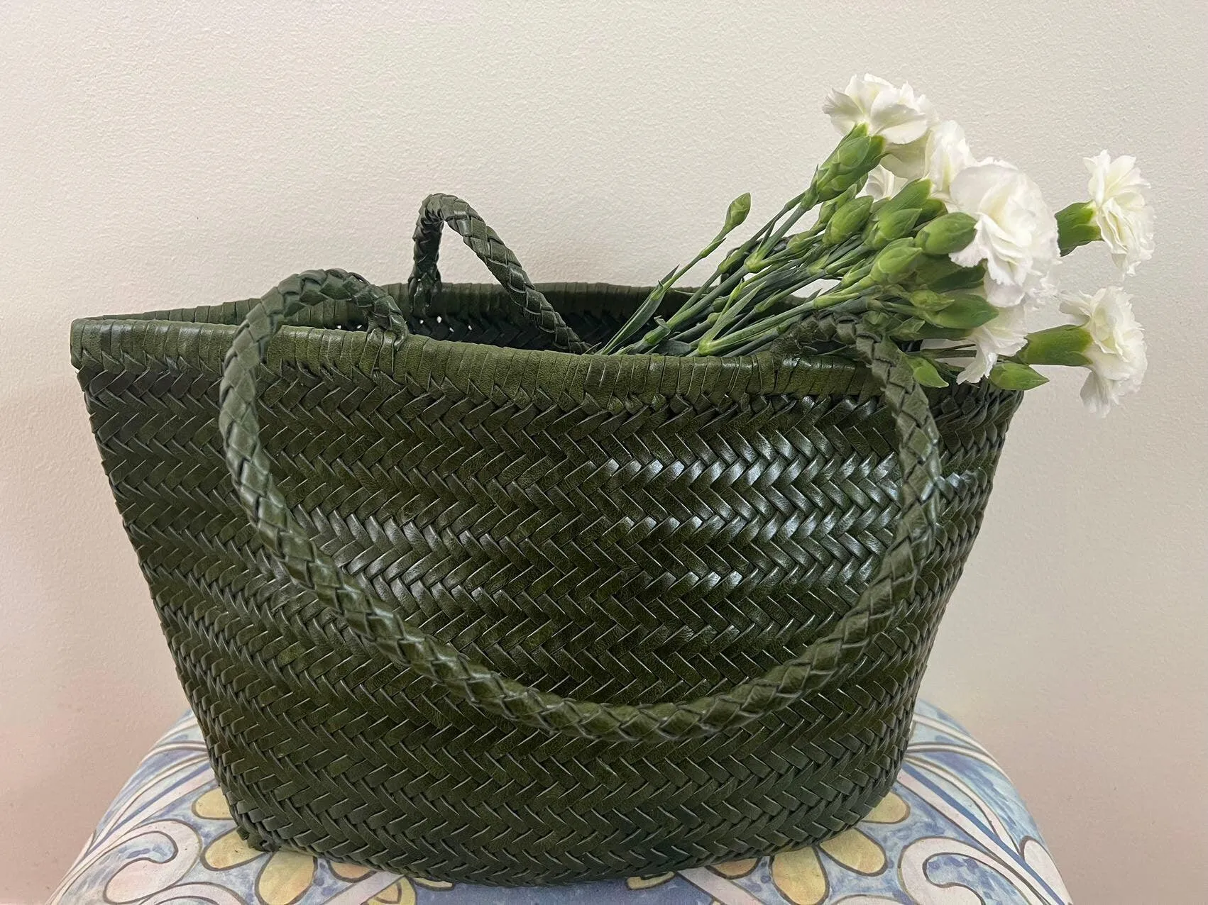 Green Italy Full Grain Leather Soft Woven Triple Jump Bamboo Style HandBag, Handcrafted Ladies Bag, Basket Bag, Plant Green, Red, White