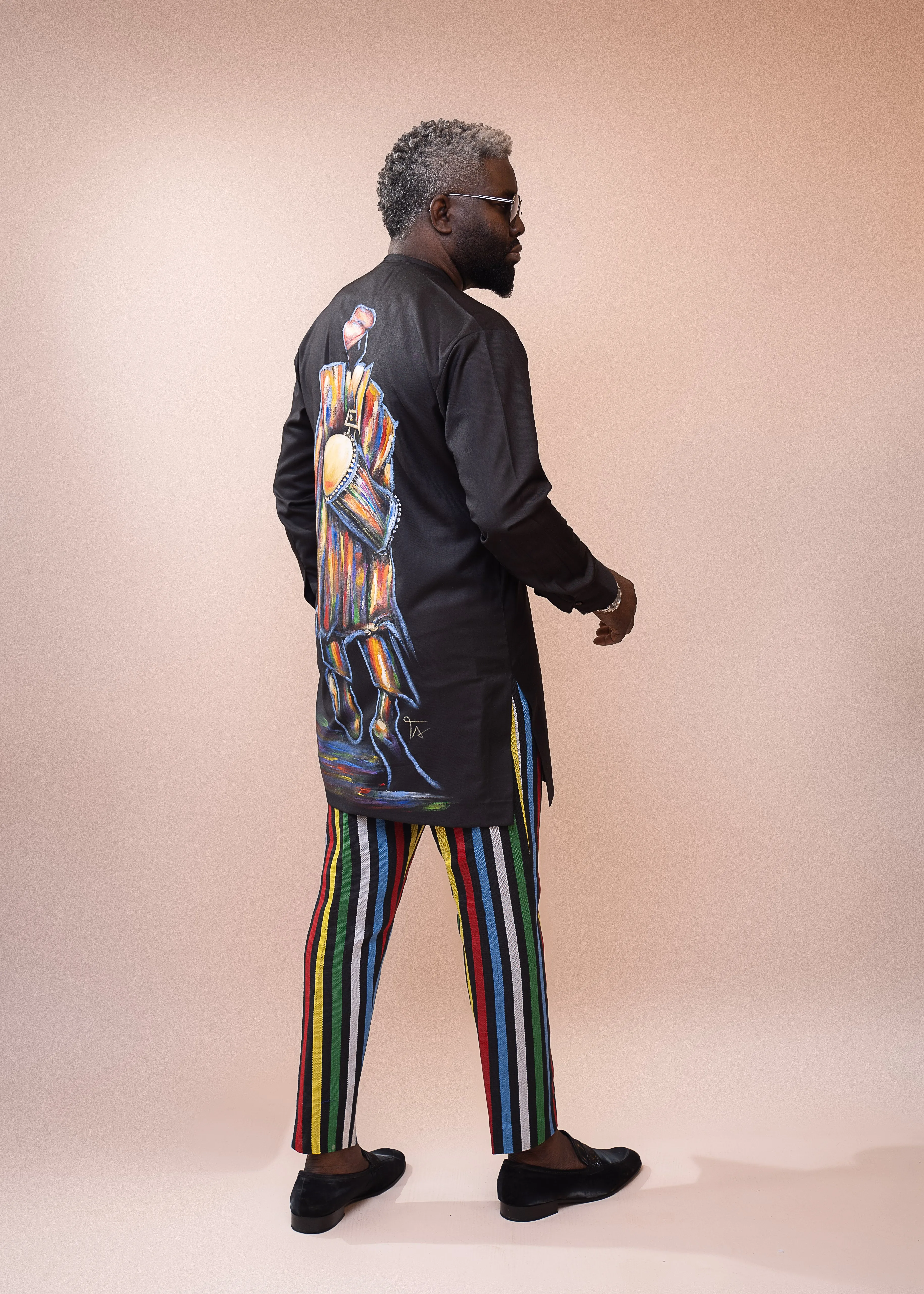 Hand-Painted Black Kaftan and Aso Oke Pant