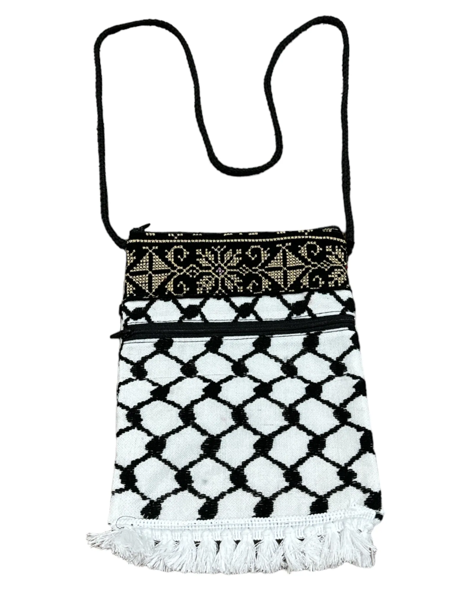 Keffiyeh Handmade Cross-Body Bag – Stylish Black & White Pattern