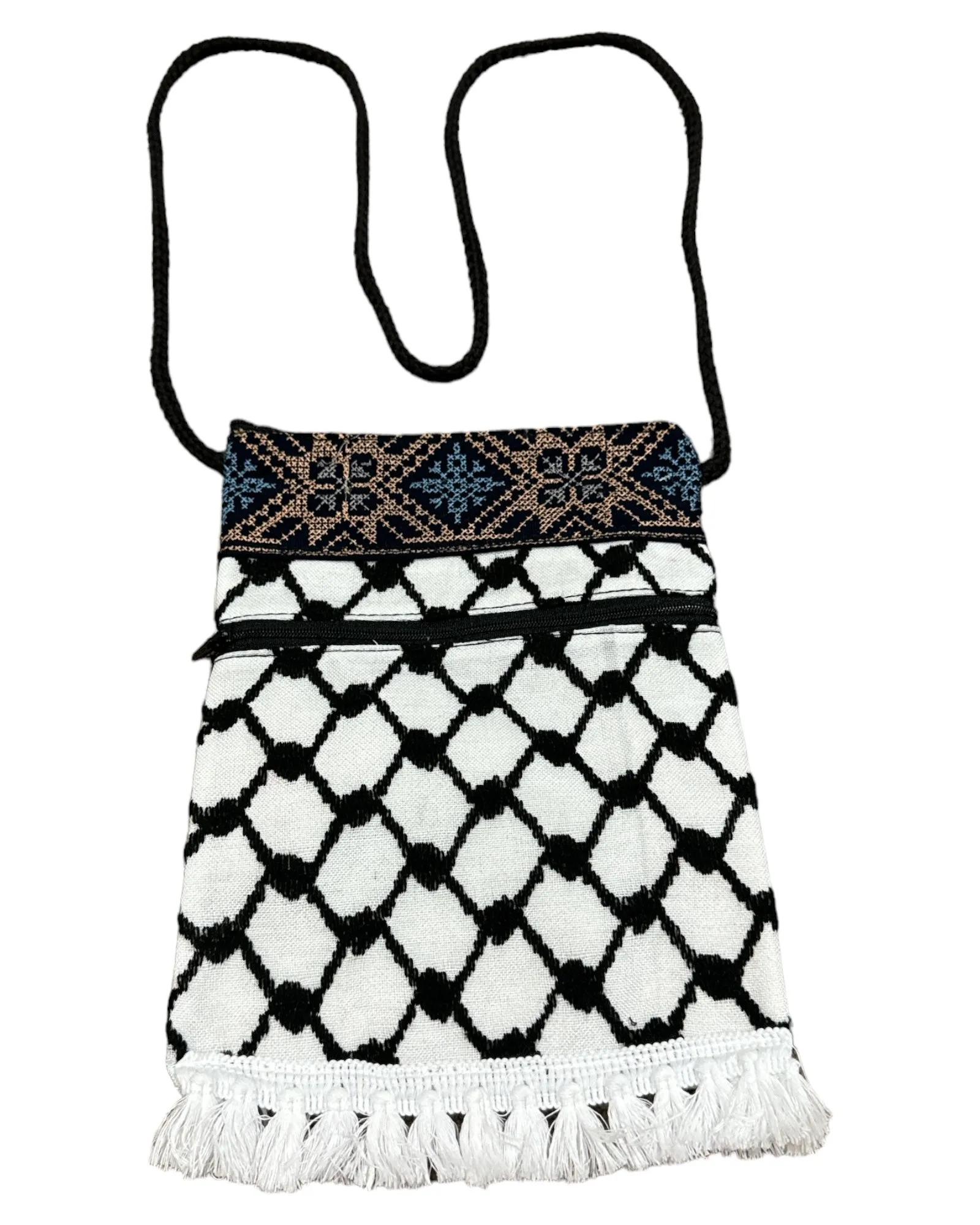 Keffiyeh Handmade Cross-Body Bag – Stylish Black & White Pattern