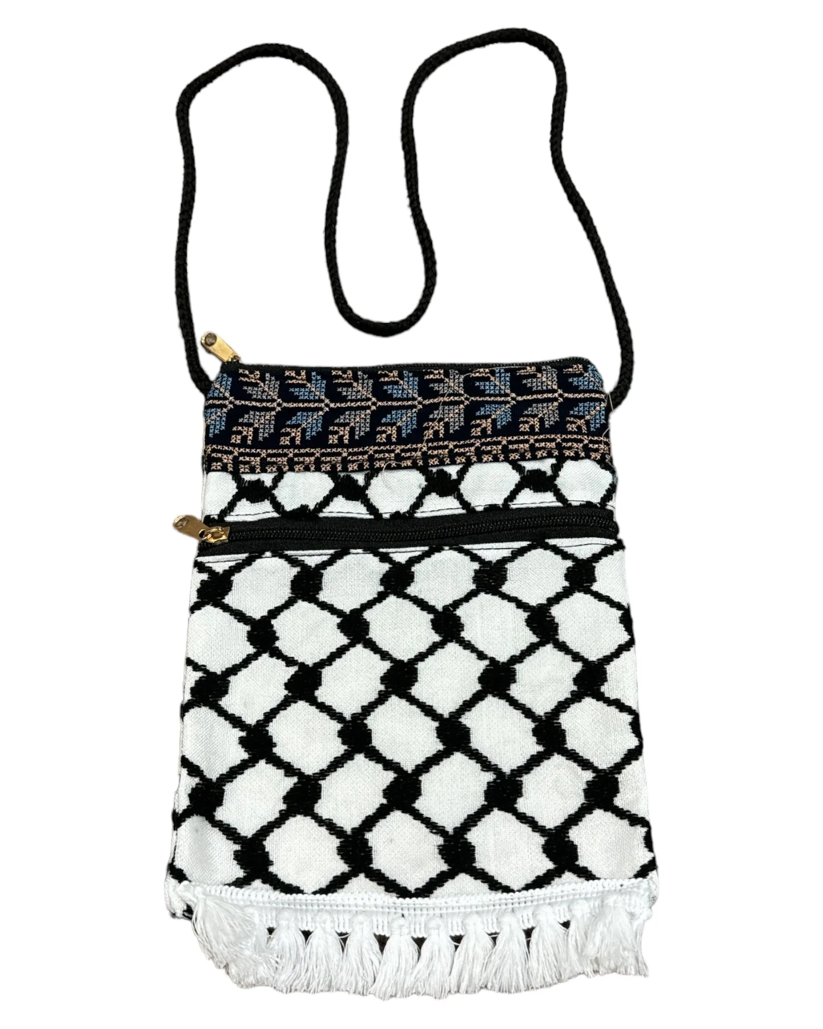 Keffiyeh Handmade Cross-Body Bag – Stylish Black & White Pattern