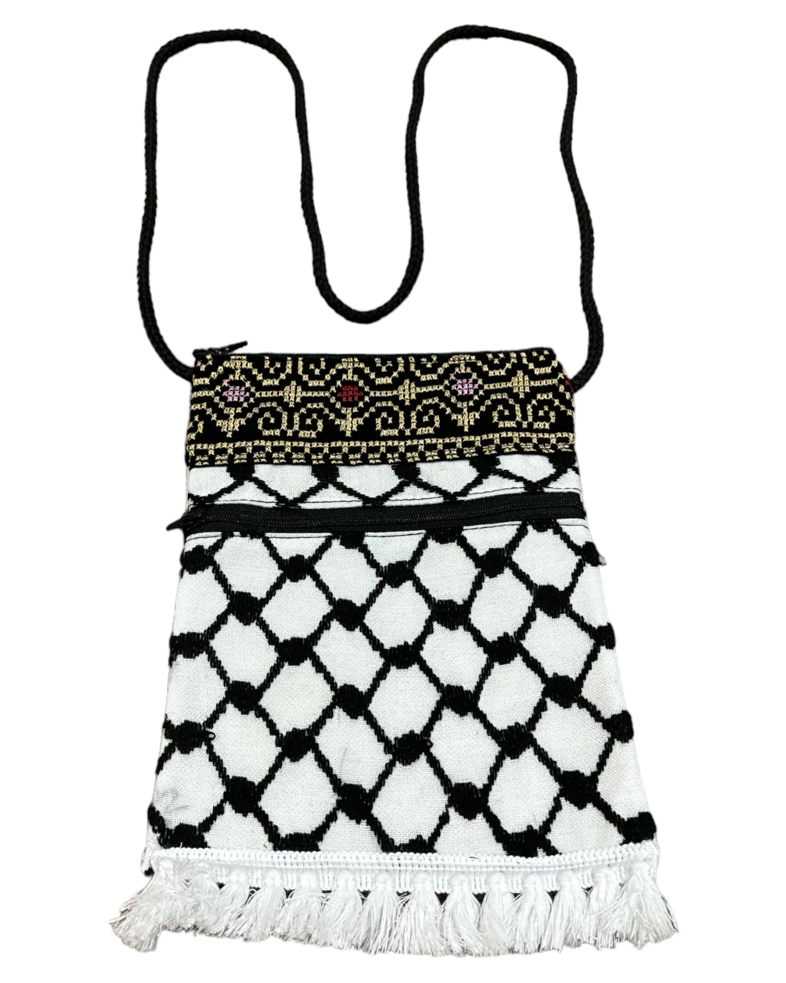 Keffiyeh Handmade Cross-Body Bag – Stylish Black & White Pattern