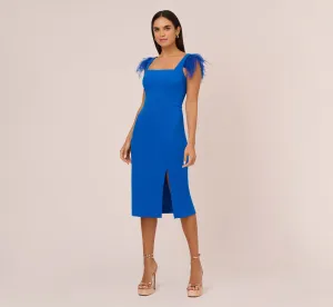 Knit Crepe Midi Dress With Feather Shoulder Accents In Dark Cobalt