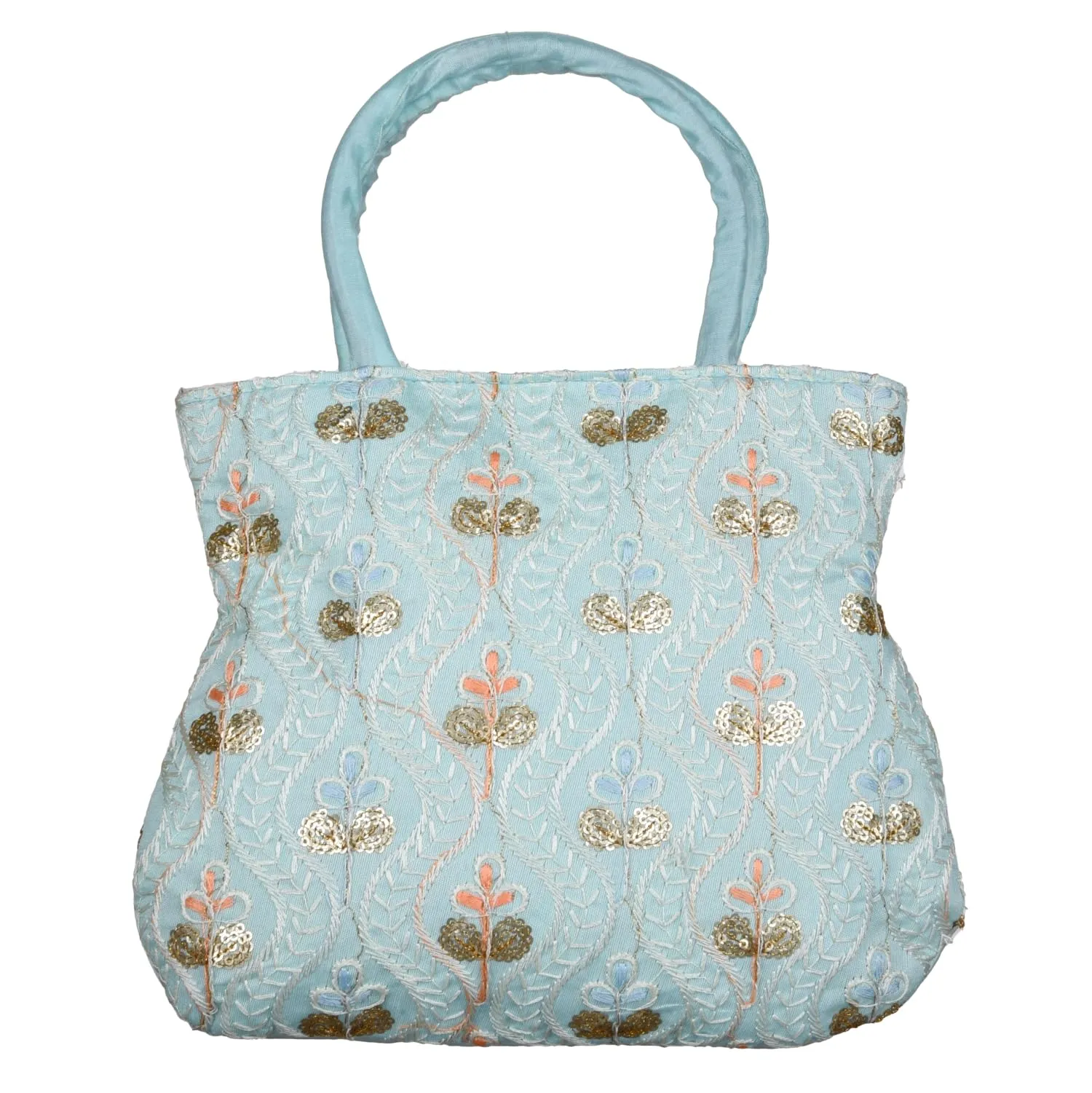 Kuber Industries Hand Bag|Traditional Hand Bag|Silk Wallet Hand Bag|Woman Tote Hand Bag|Ladies Purse Handbag|Gifts Hand Bag|Curved Shape Embroidery Hand Bag|Light Blue