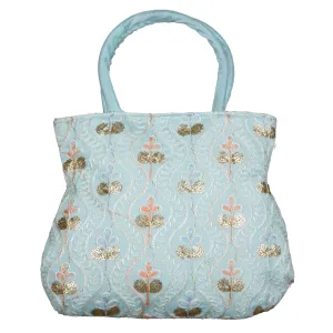 Kuber Industries Hand Bag|Traditional Hand Bag|Silk Wallet Hand Bag|Woman Tote Hand Bag|Ladies Purse Handbag|Gifts Hand Bag|Curved Shape Embroidery Hand Bag|Light Blue