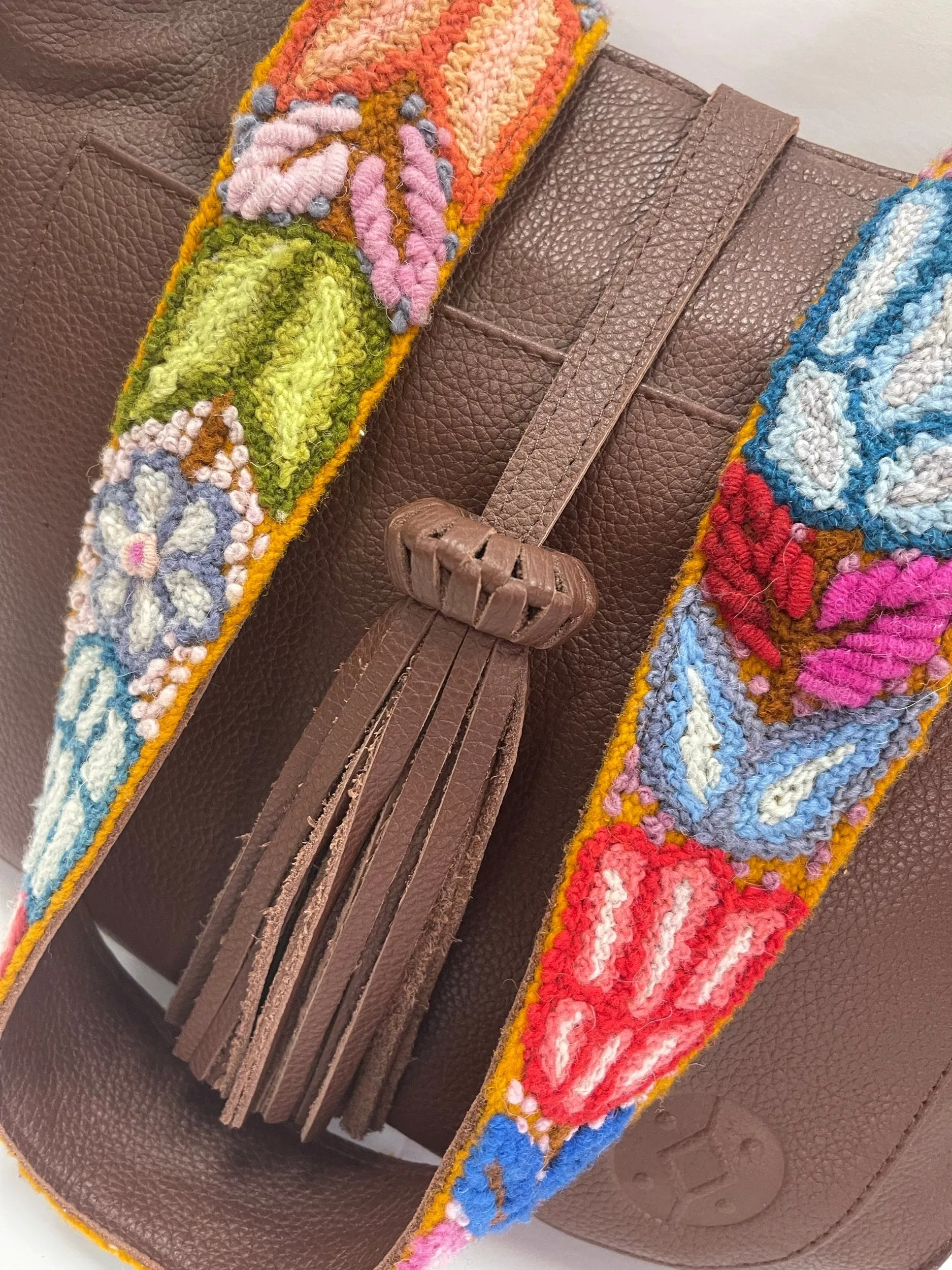 Messenger Leather Bag with Floral Embroidery Brown