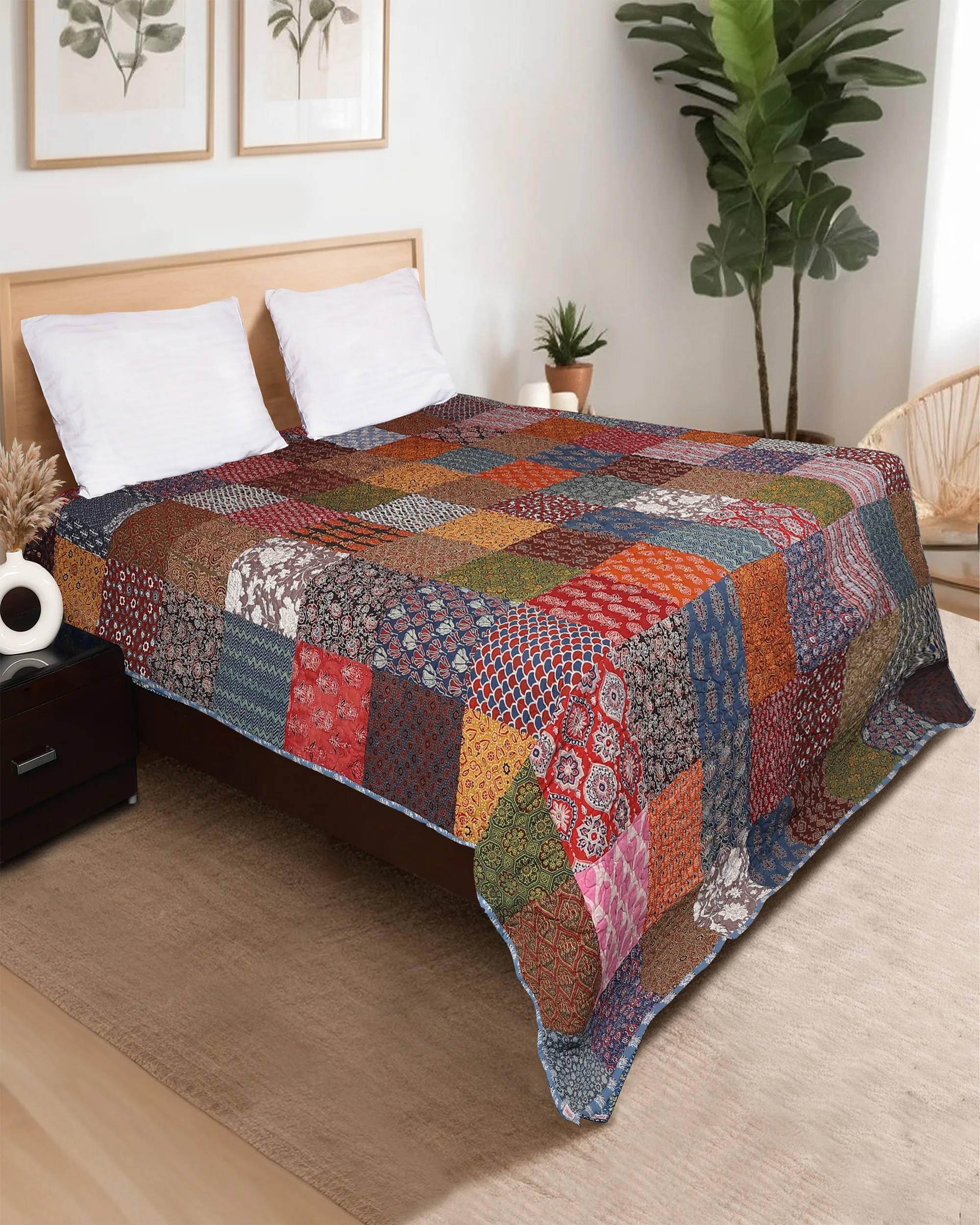 Patchwork Hand blocked Printed Hand Kantha Double Bed Dohar/Bed Cover