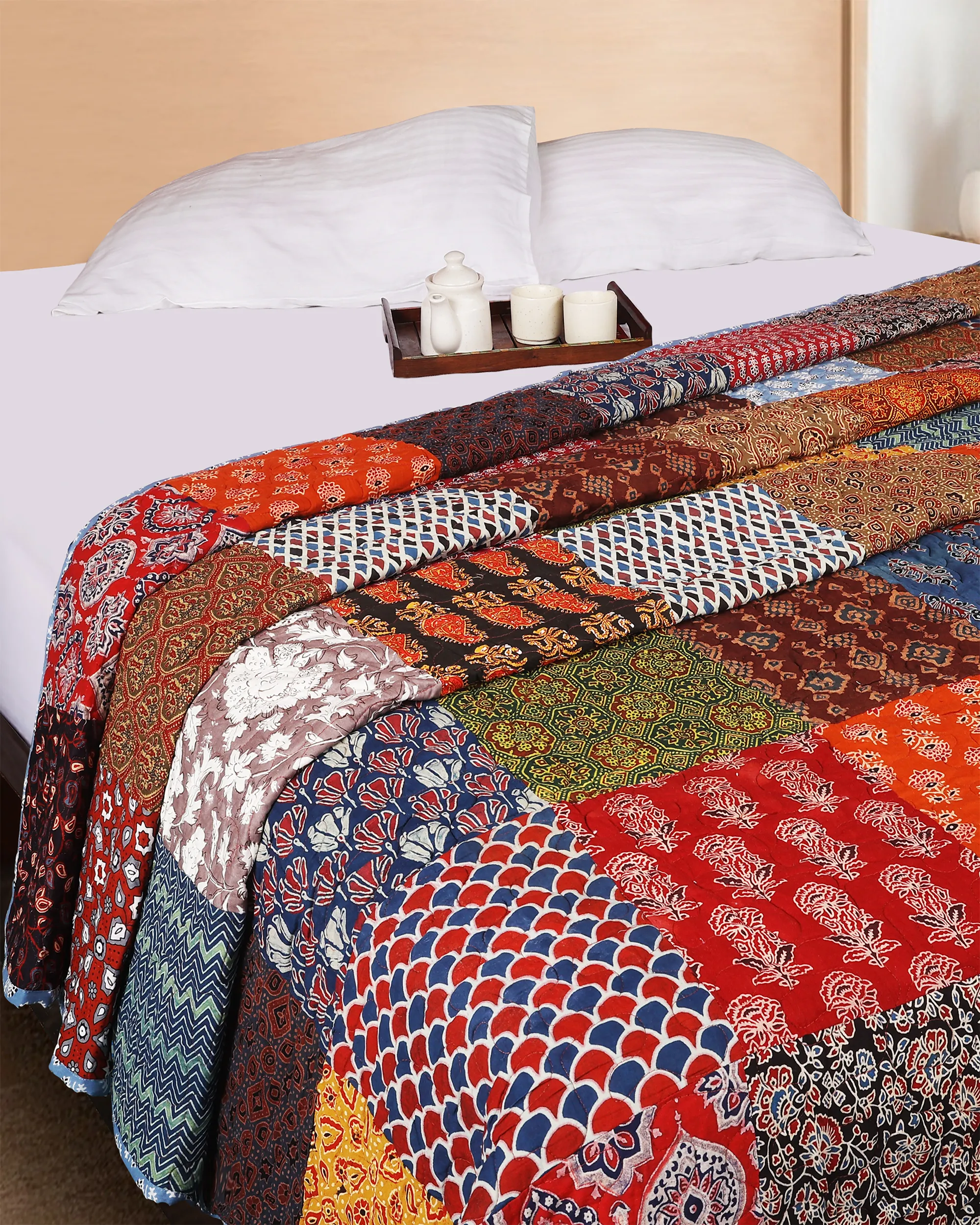 Patchwork Hand blocked Printed Hand Kantha Double Bed Dohar/Bed Cover