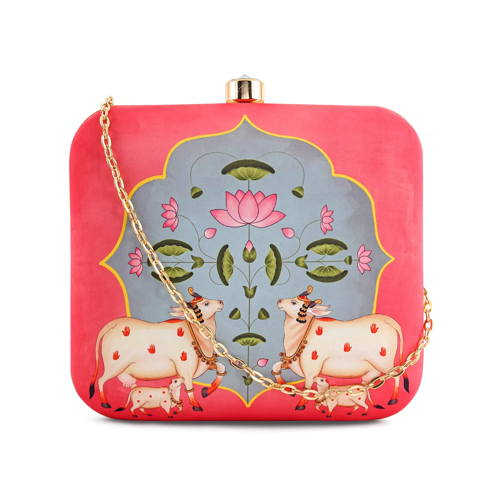 Pichwai Pop-Up Pink Stone and Printed Clutch